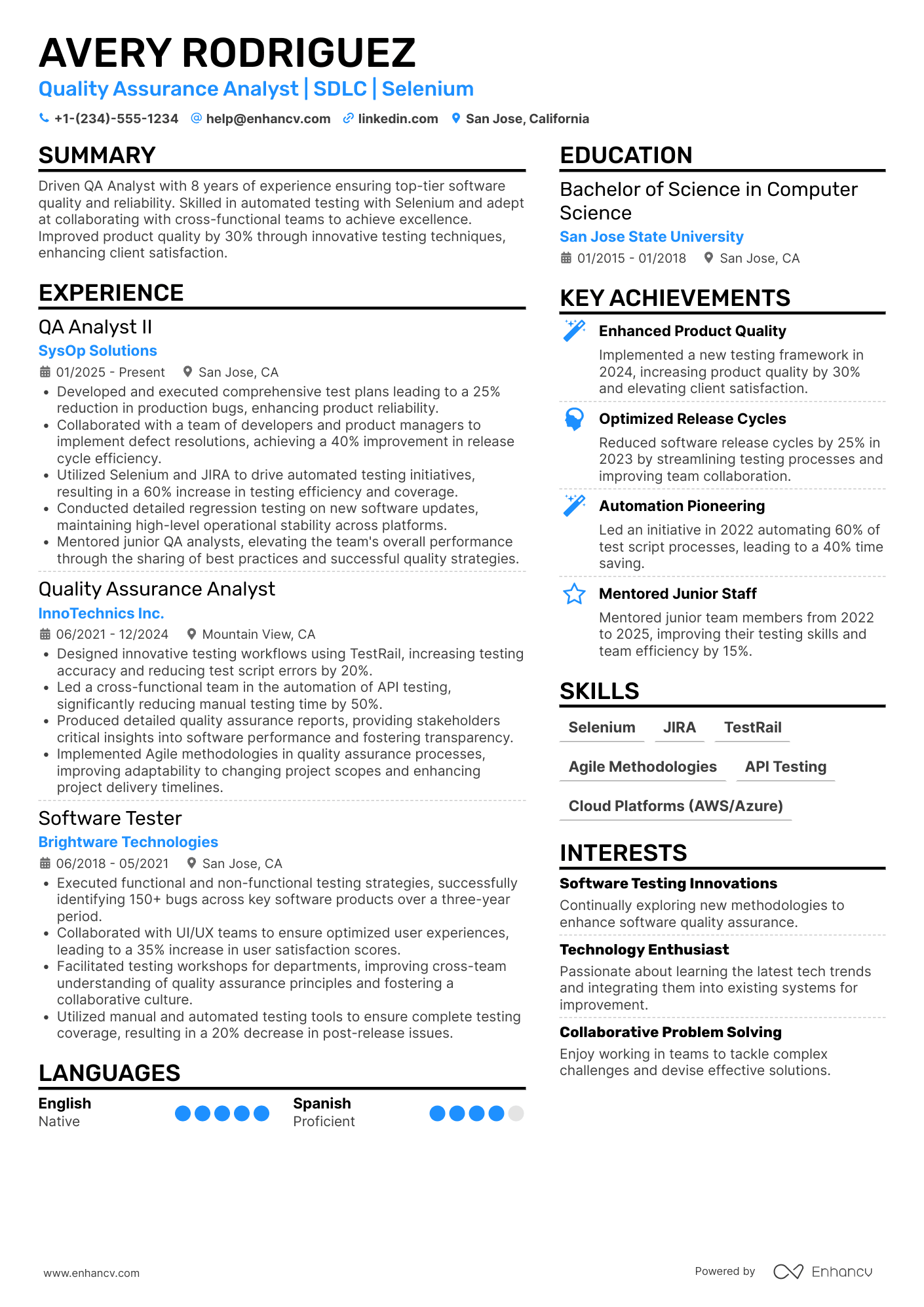 QA Analyst II (Mid Level) Resume Example