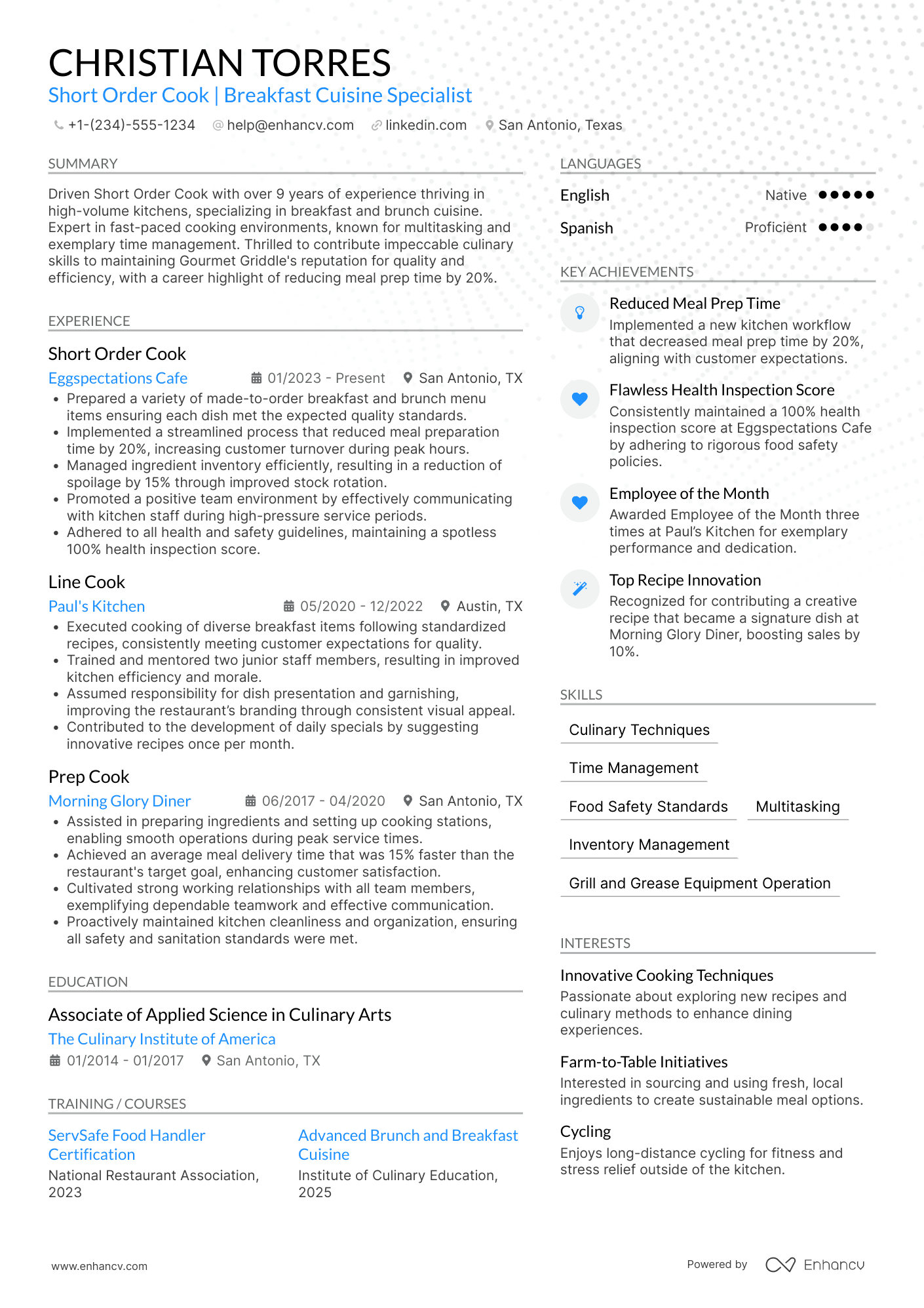 Short Order Cook Resume Example