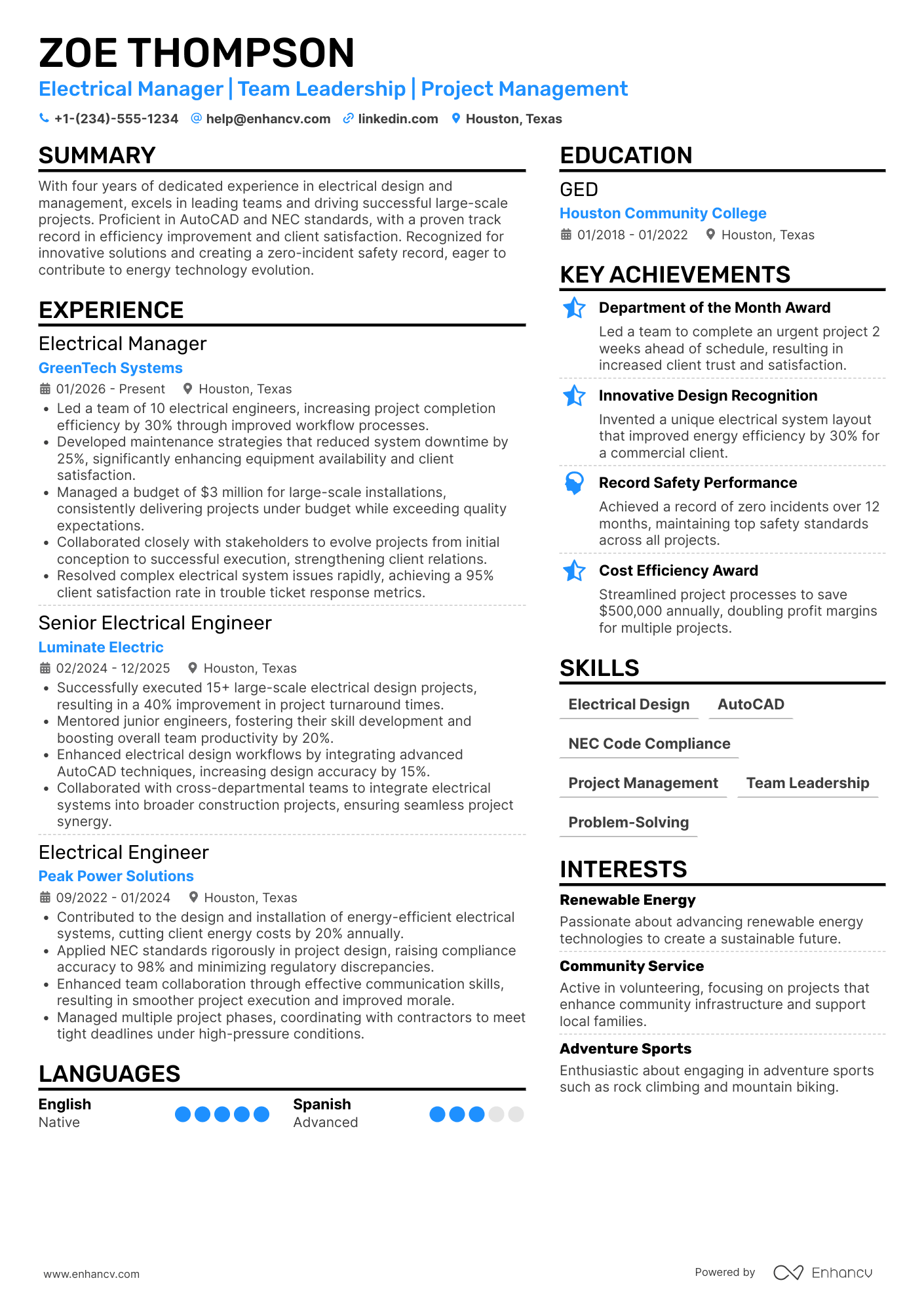 Electrical Manager Resume Example