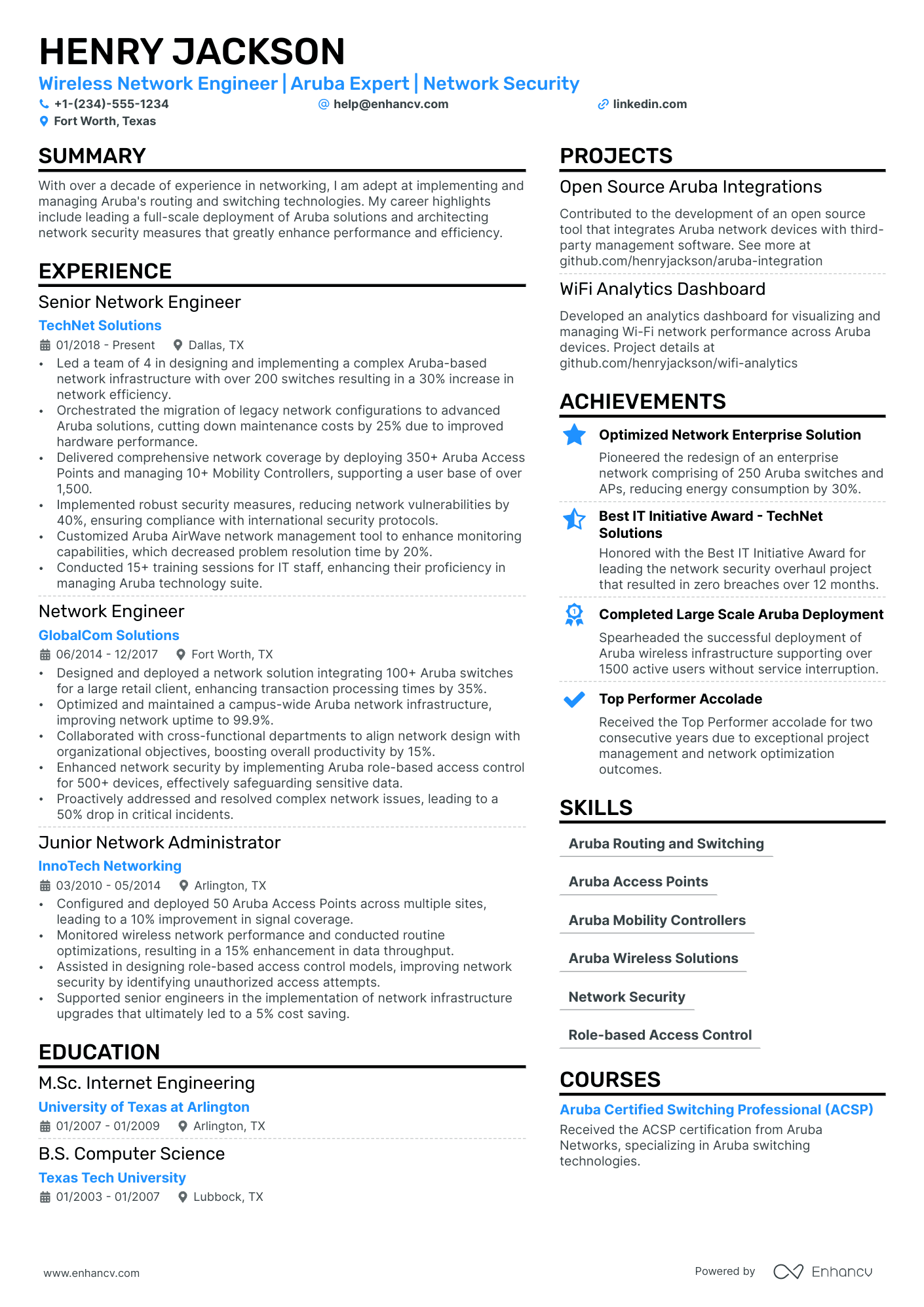 Wireless Network Engineer Resume Example