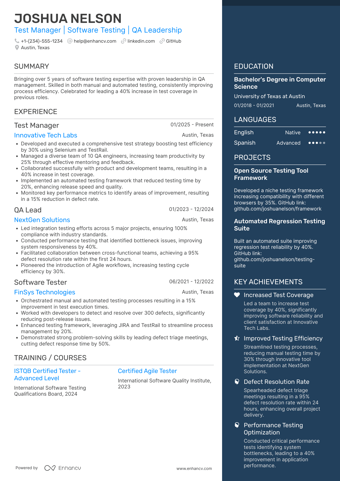 Test Manager Resume Example