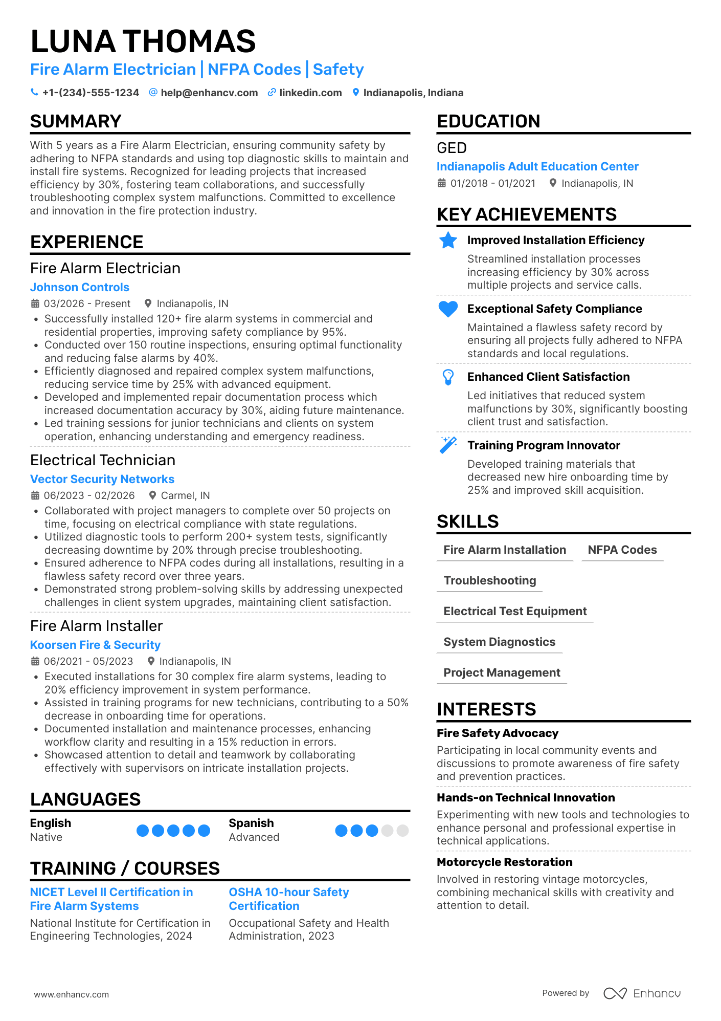 Fire Alarm Electrician Resume Example