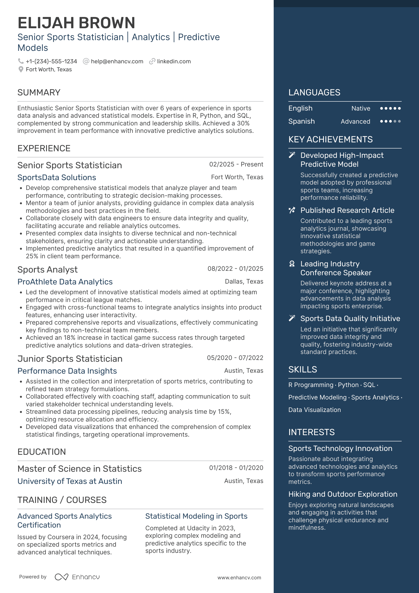 Senior Sports Statistician Resume Example