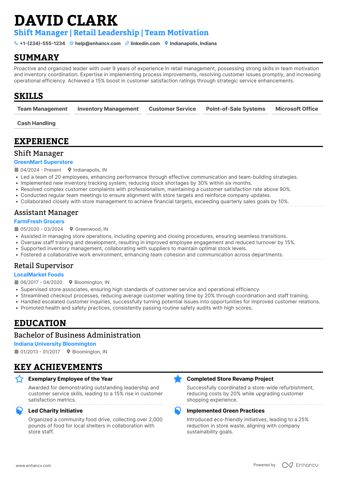 Shift Manager Resume Example