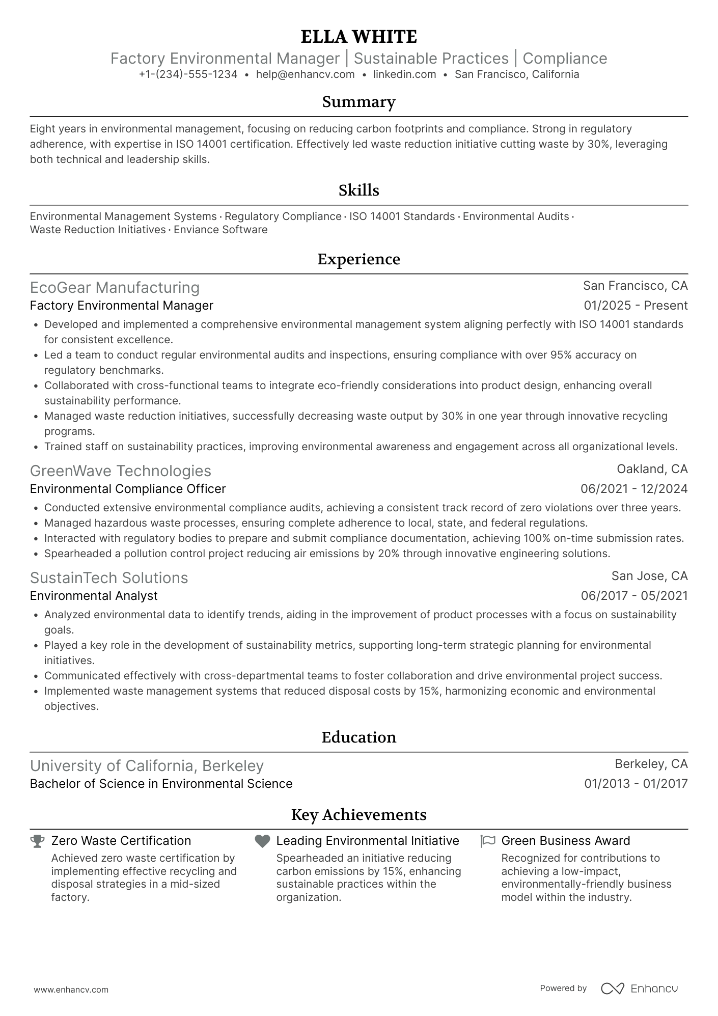 Factory Environmental Manager Resume Example