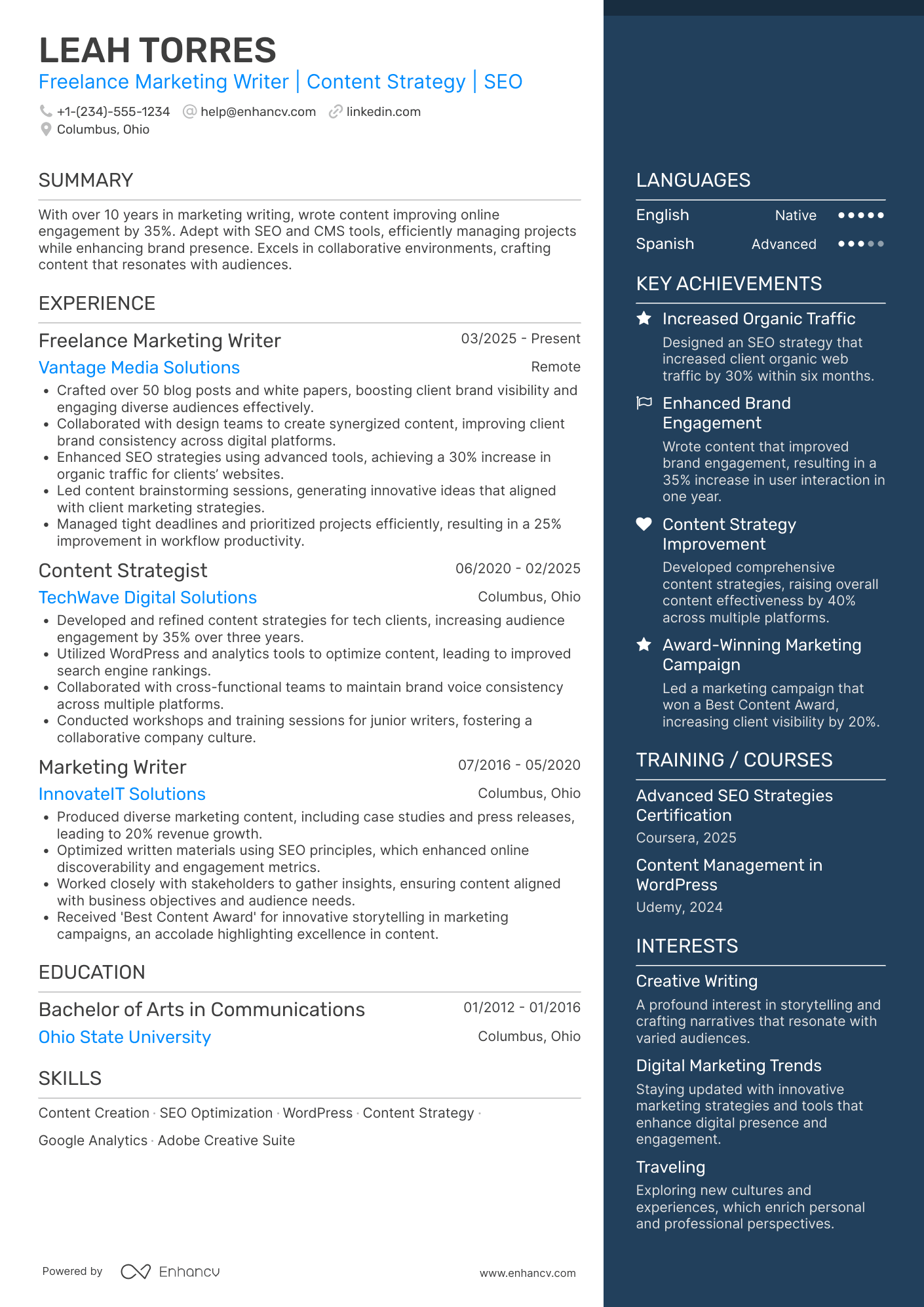 Freelance Marketing Writer Resume Example