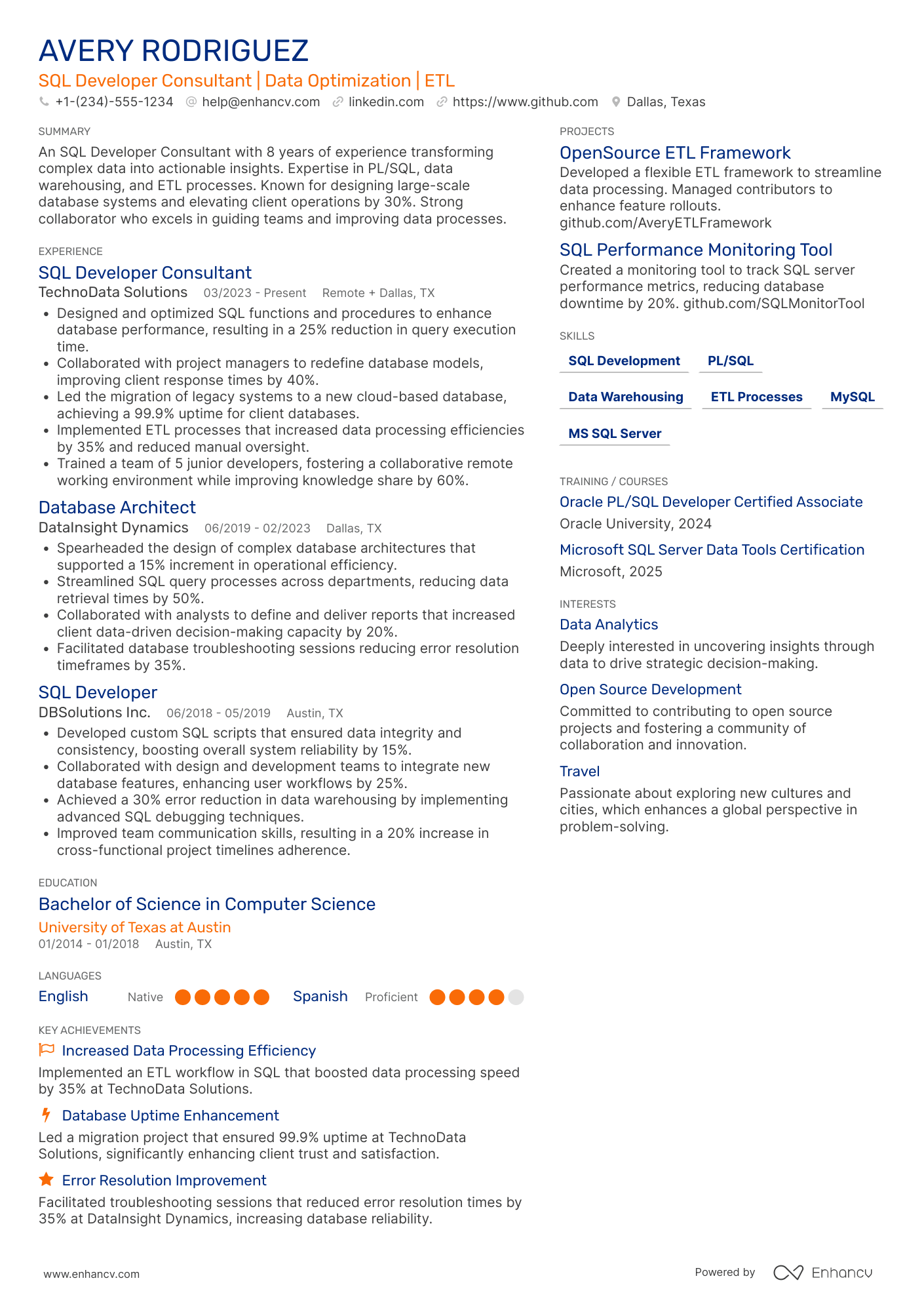 SQL Developer Consultant Resume Example
