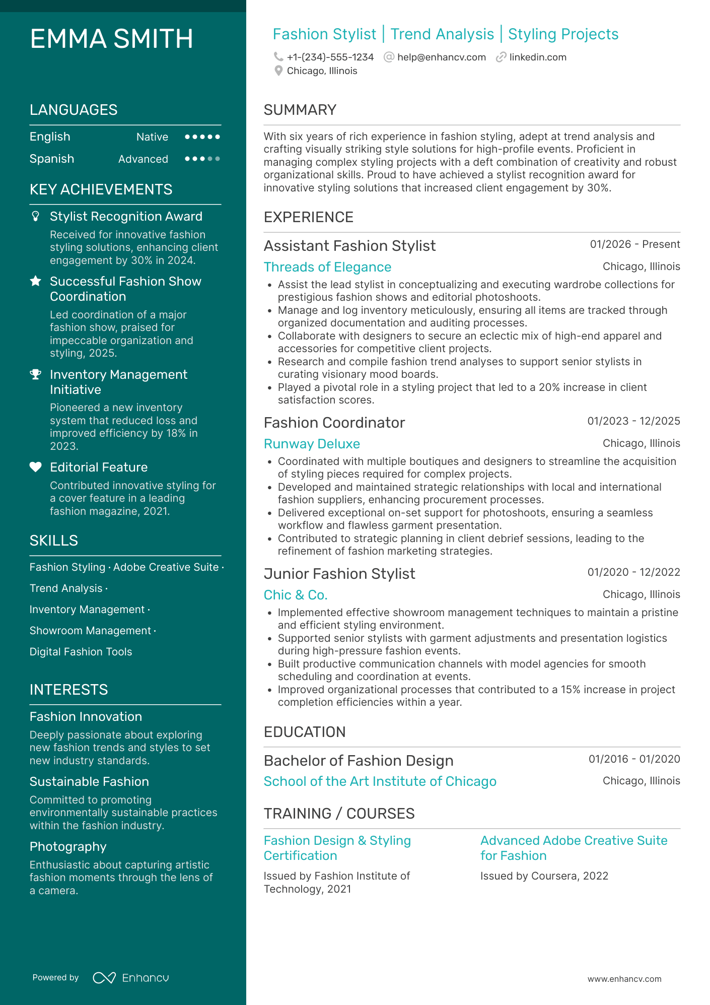 Assistant Fashion Stylist Resume Example