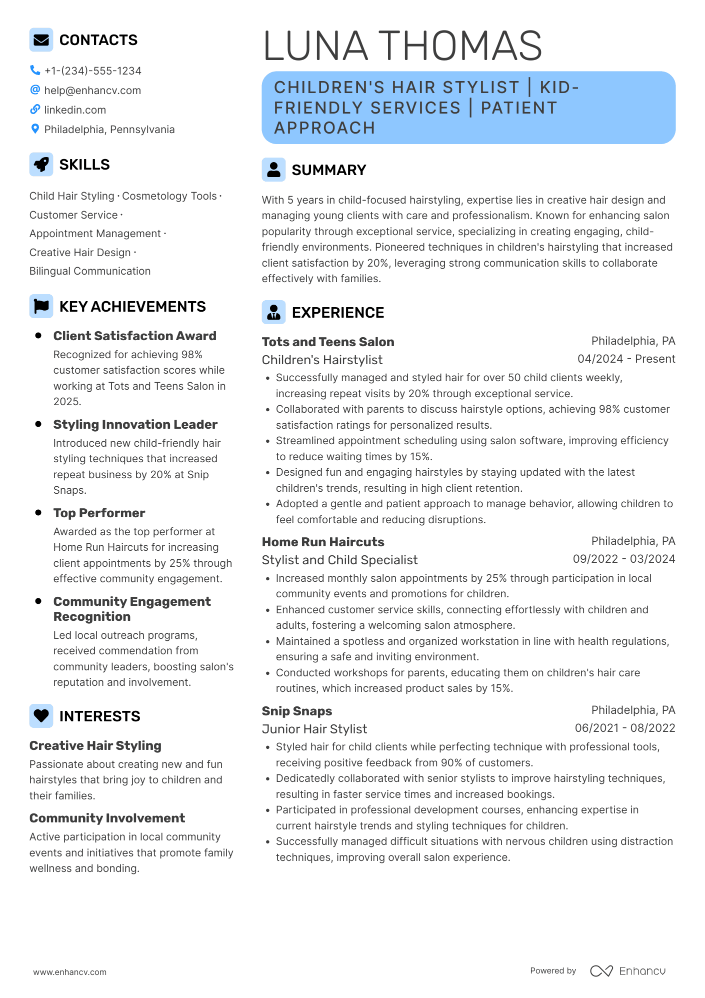 Children's Hair Stylist Resume Example