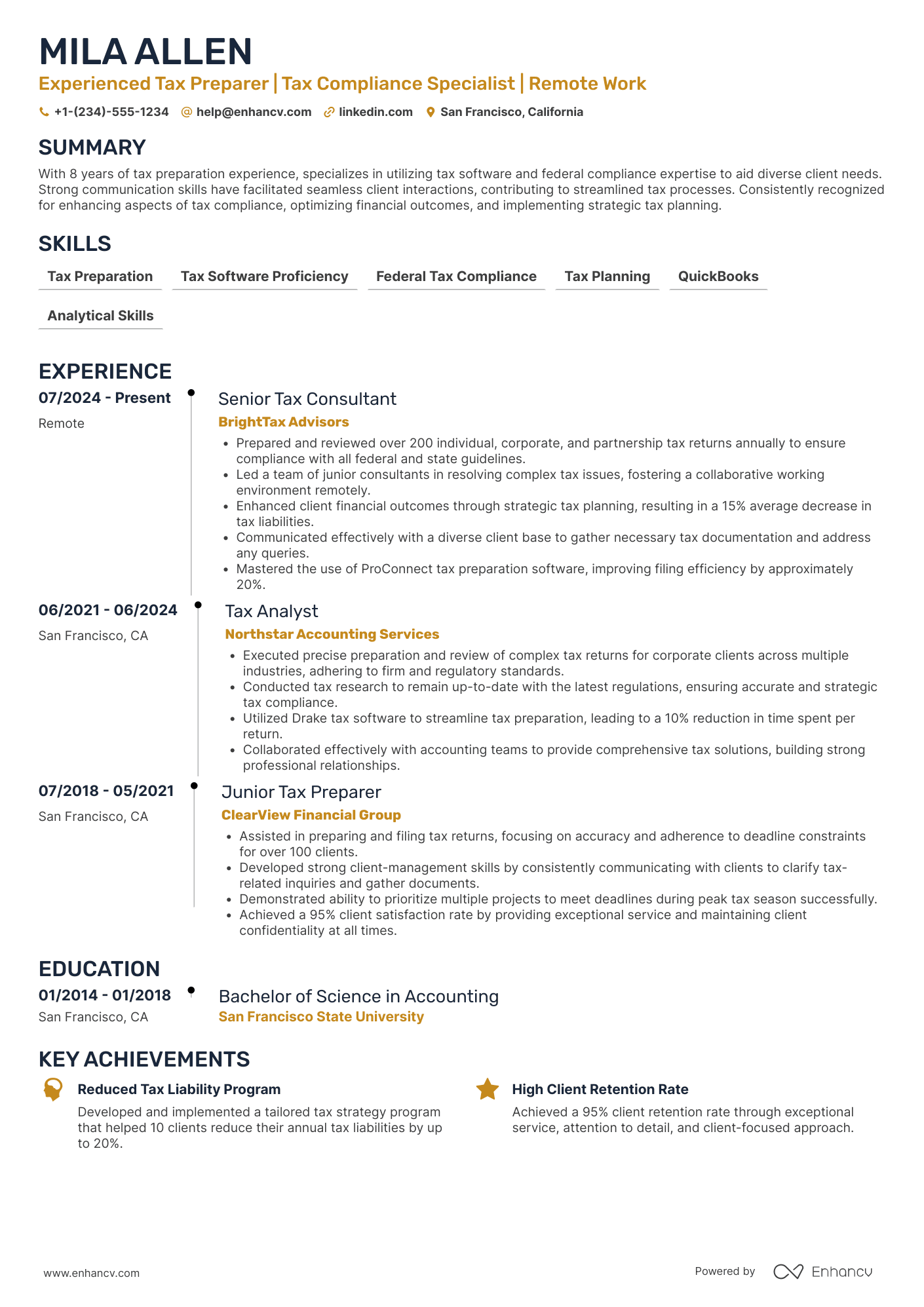 Remote Tax Preparer Resume Example