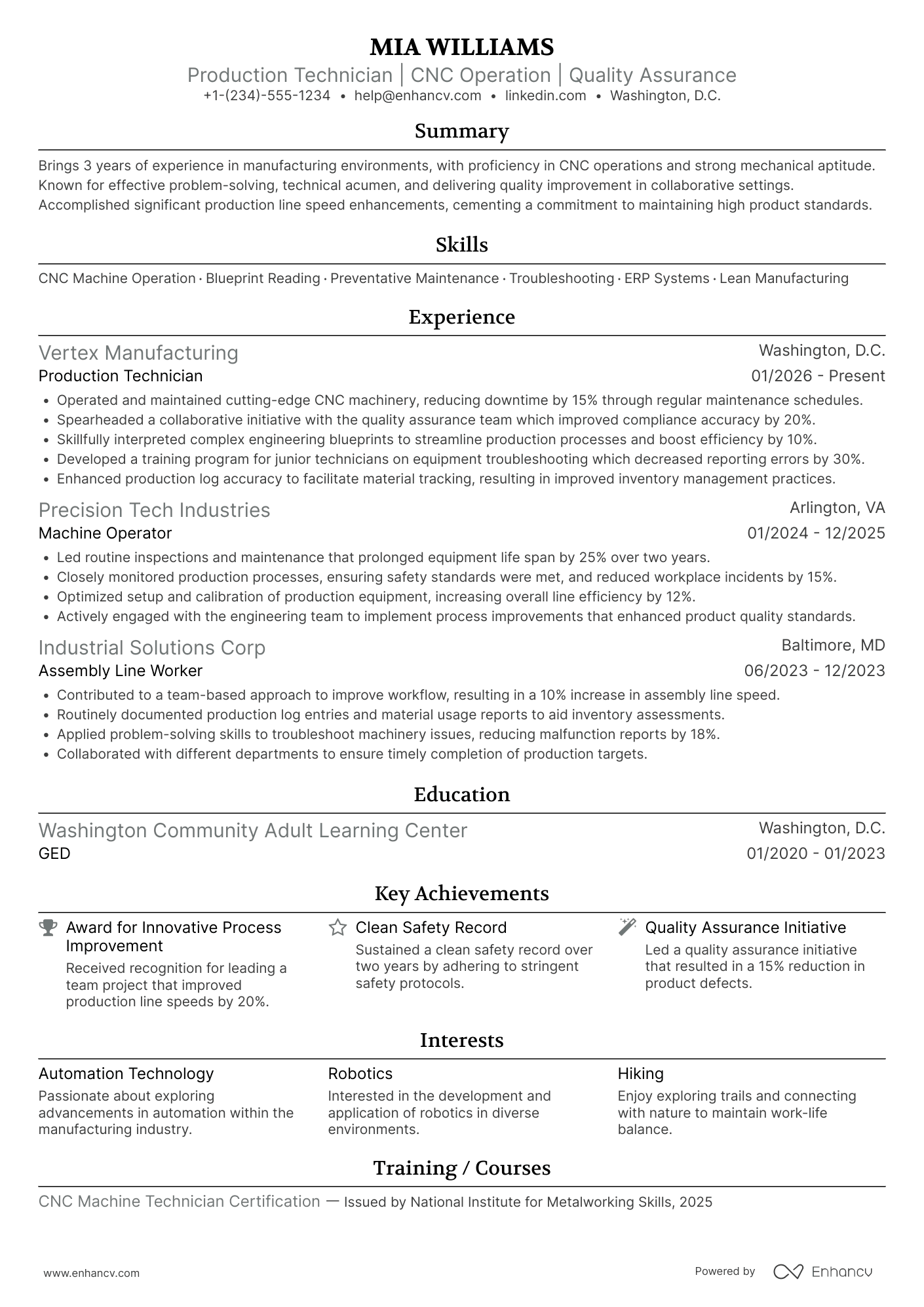 Production Technician Resume Example