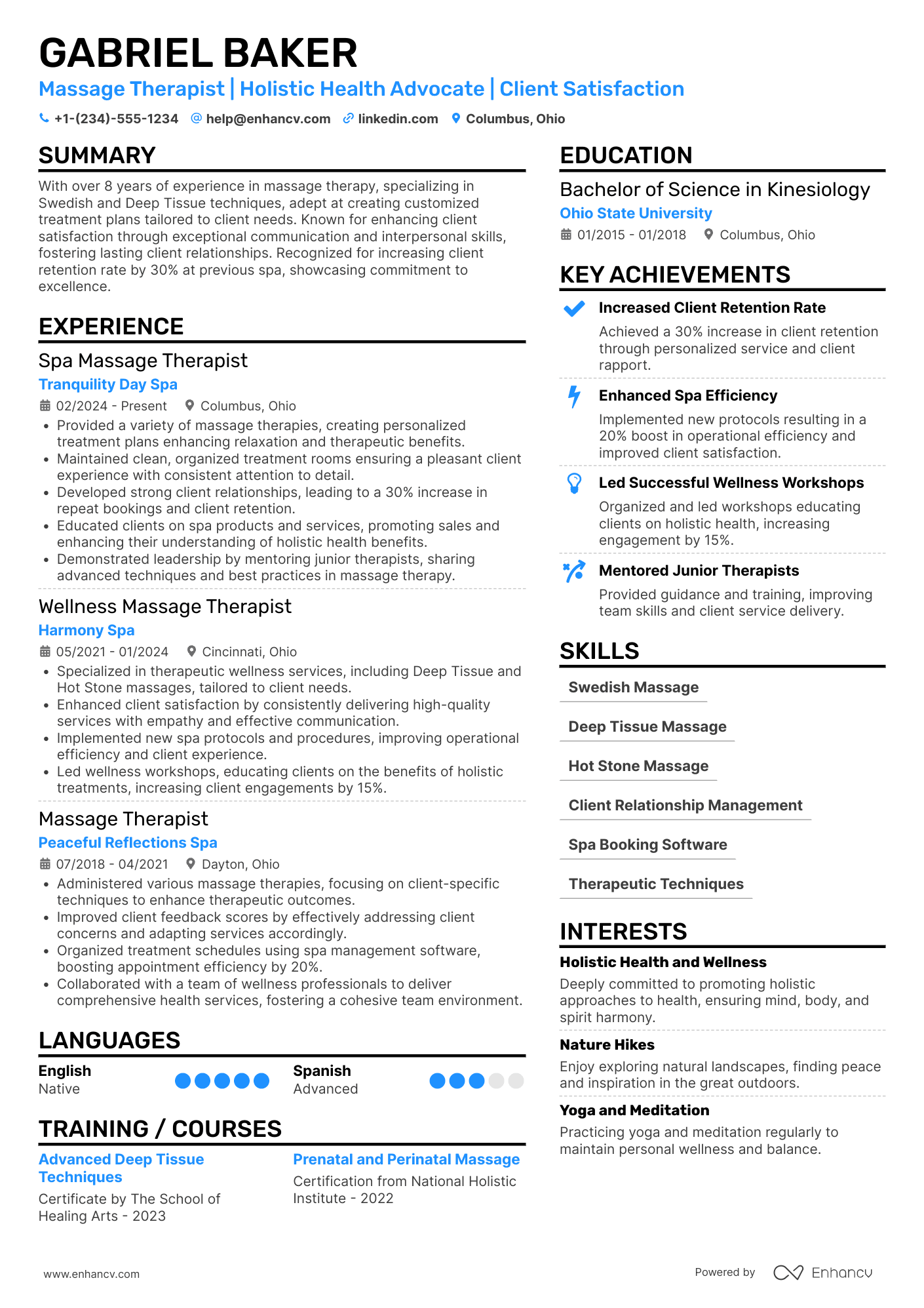 Spa Massage Therapist Resume Example
