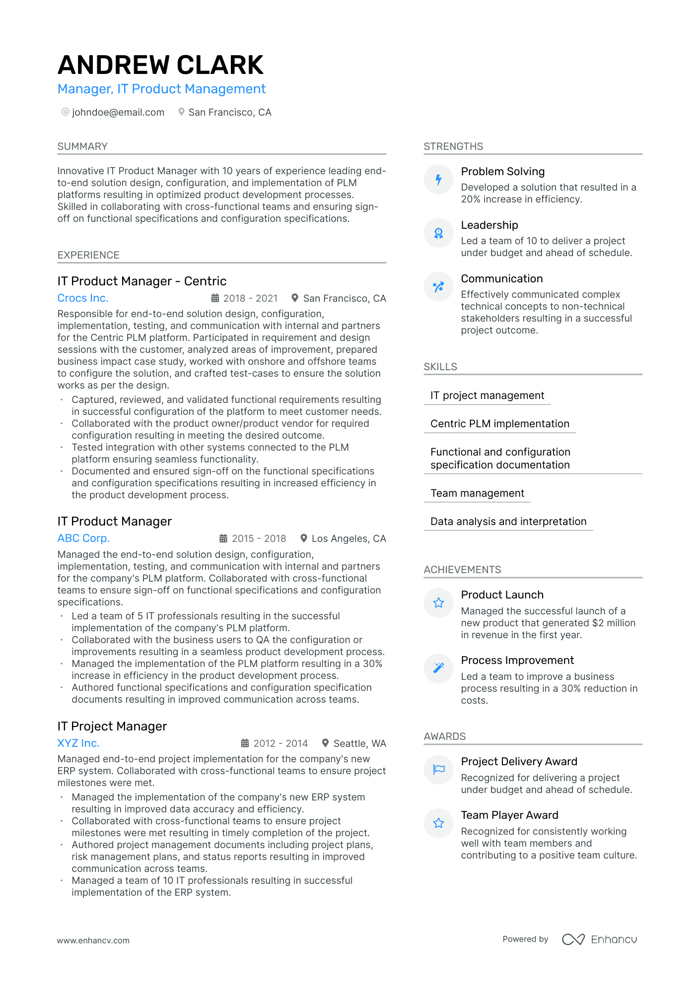 IT Product Manager Resume Example