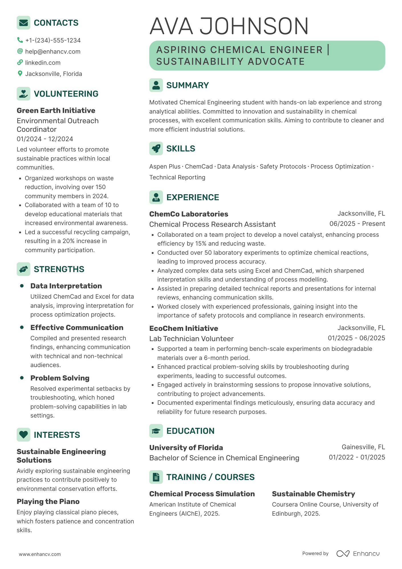Chemical Engineering Intern Resume Example