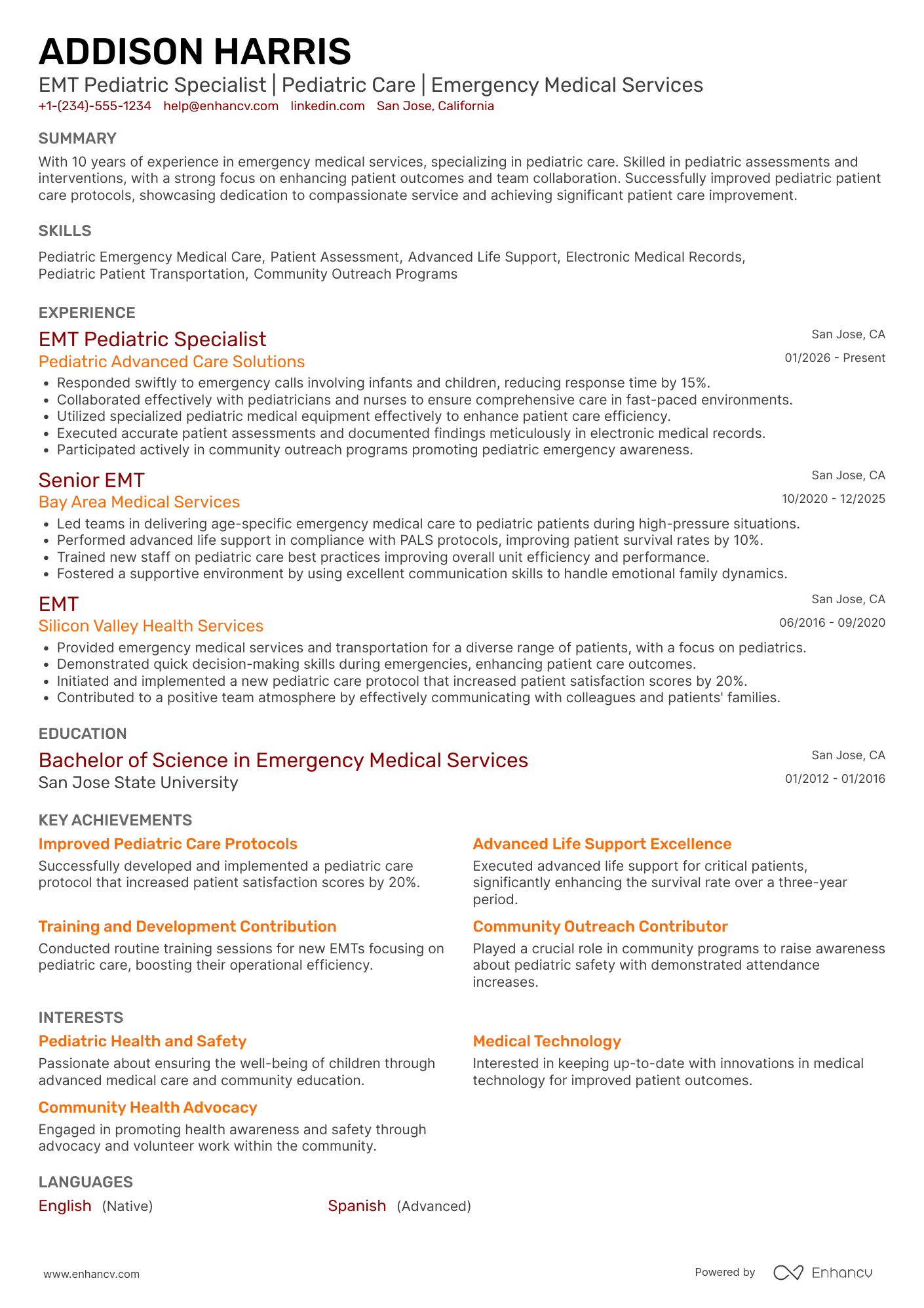 EMT Pediatric Specialist Resume Example