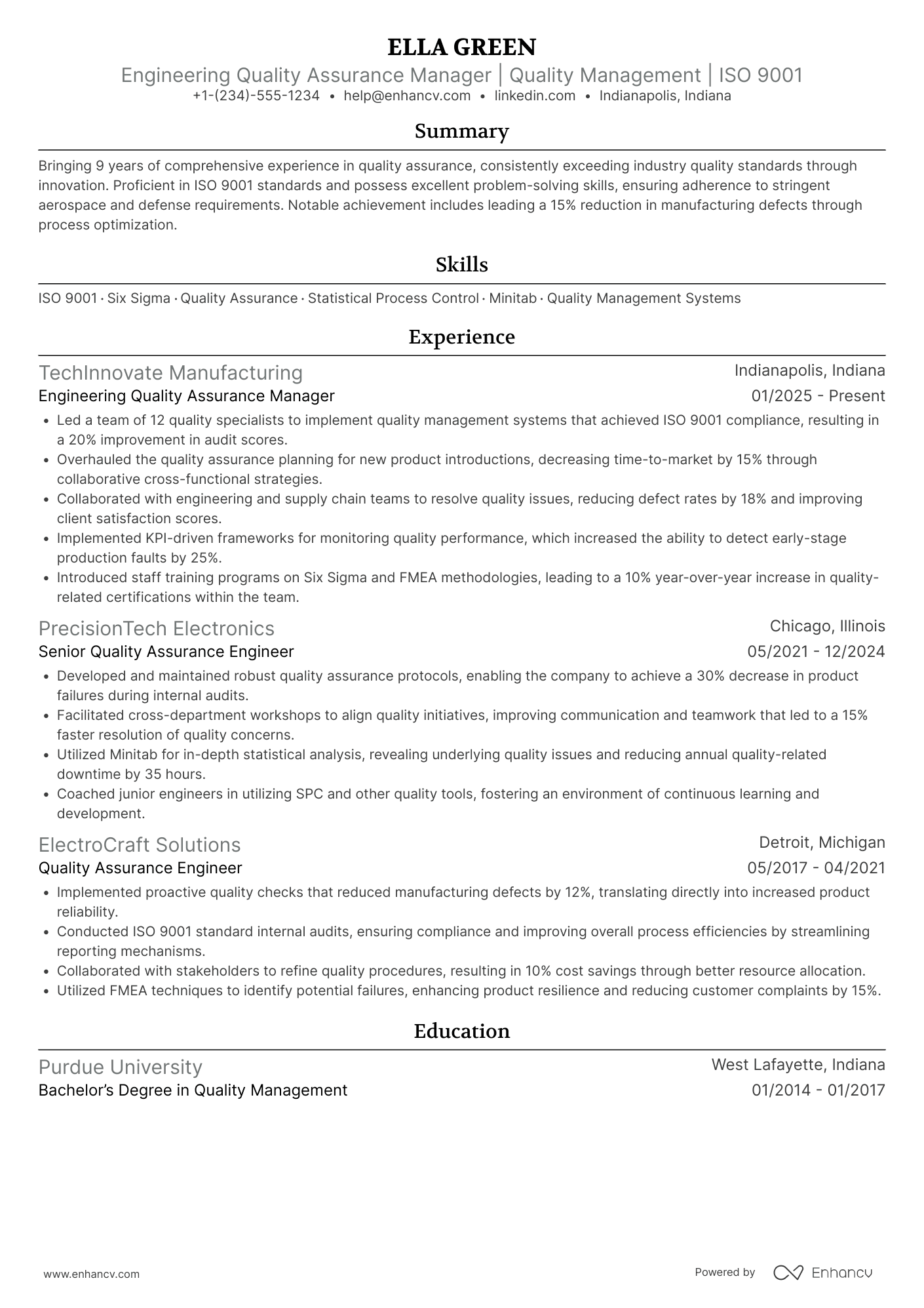 Engineering Quality Assurance Manager Resume Example