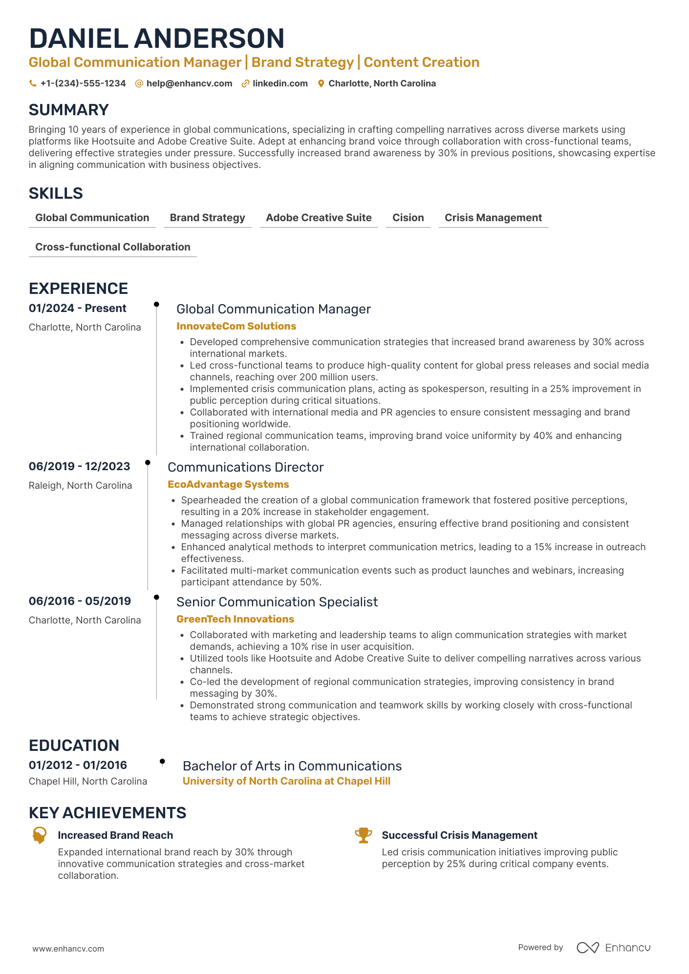 Global Communication Manager Resume Example