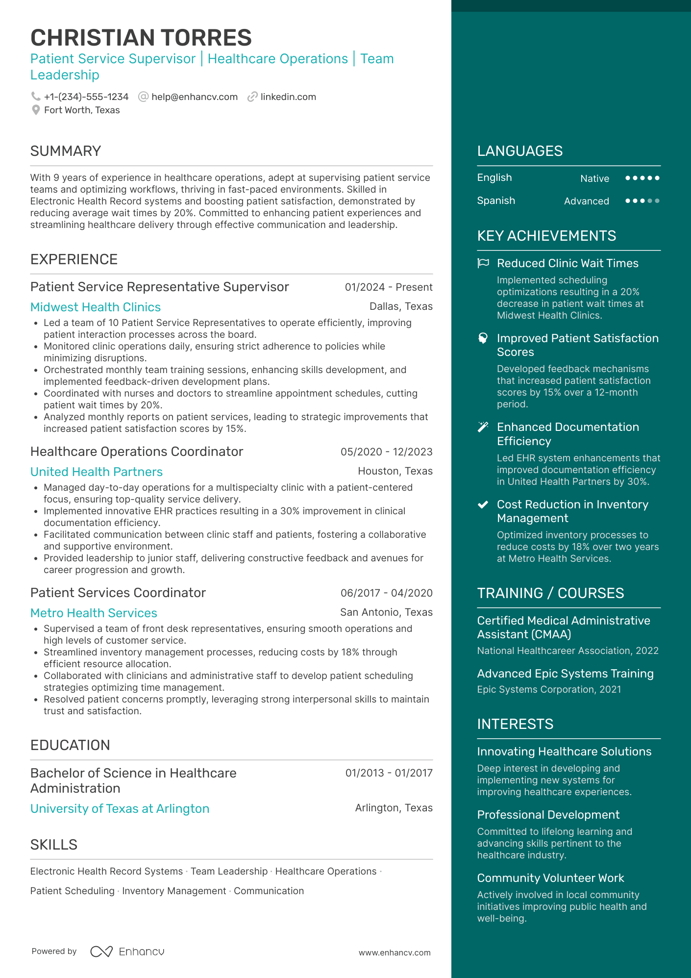 Patient Service Representative Supervisor Resume Example