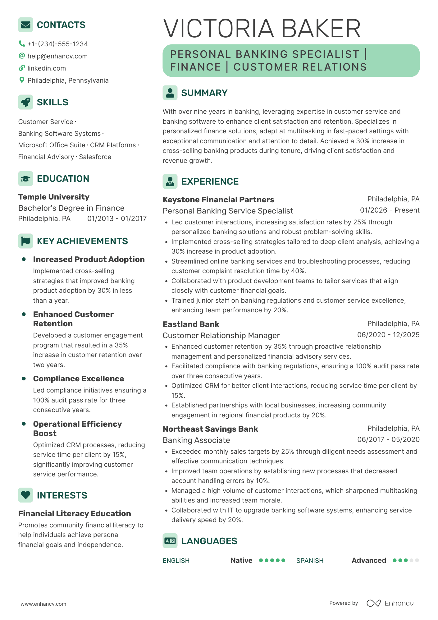 Personal Banking Service Representative Resume Example