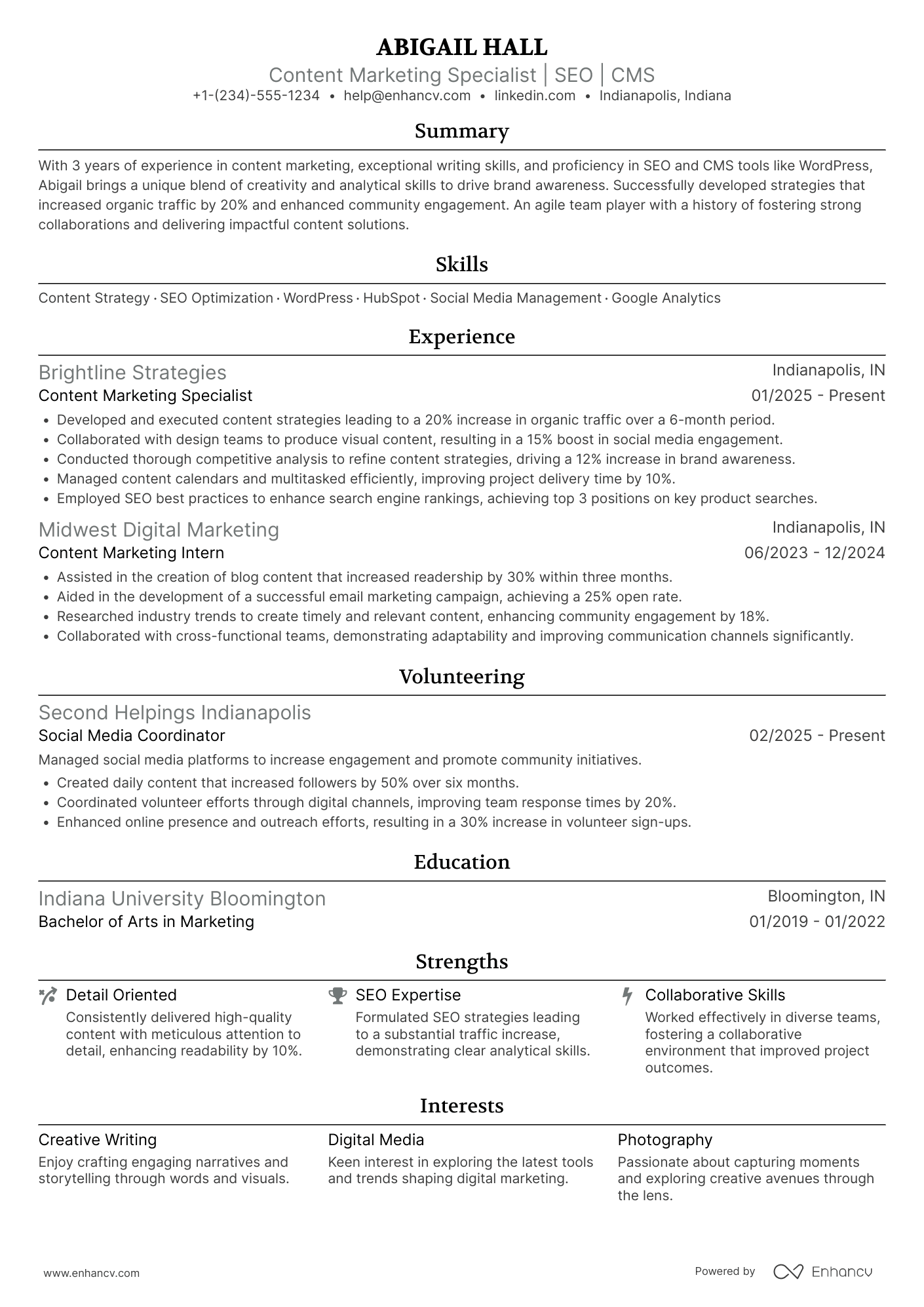 Junior Content Marketing Specialist Resume Example