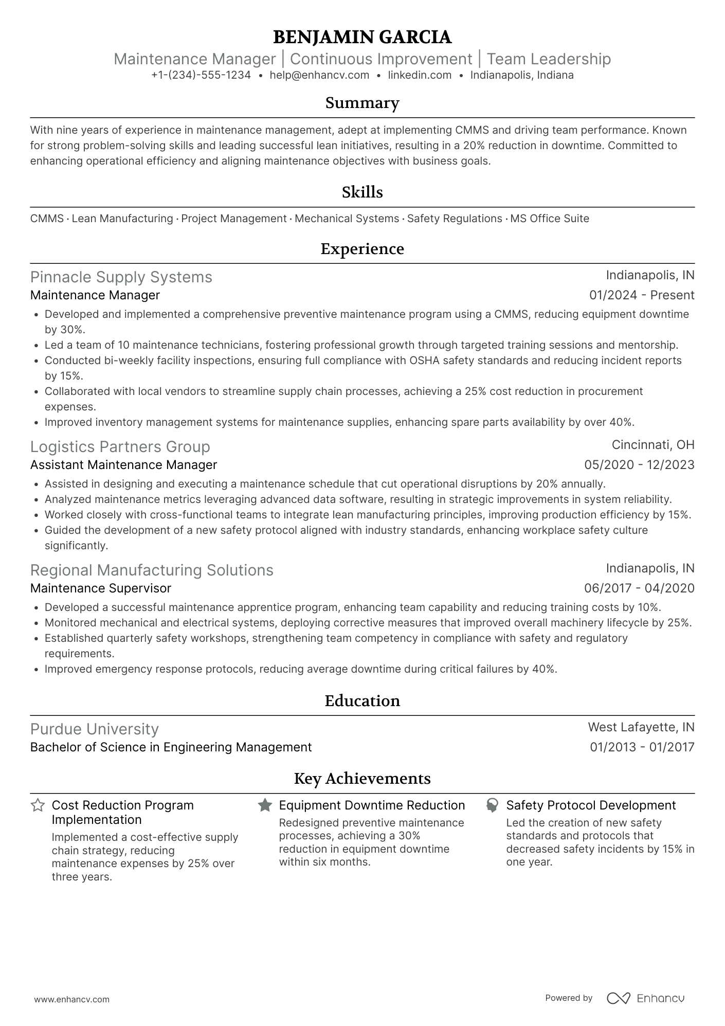 Maintenance Manager Resume Example
