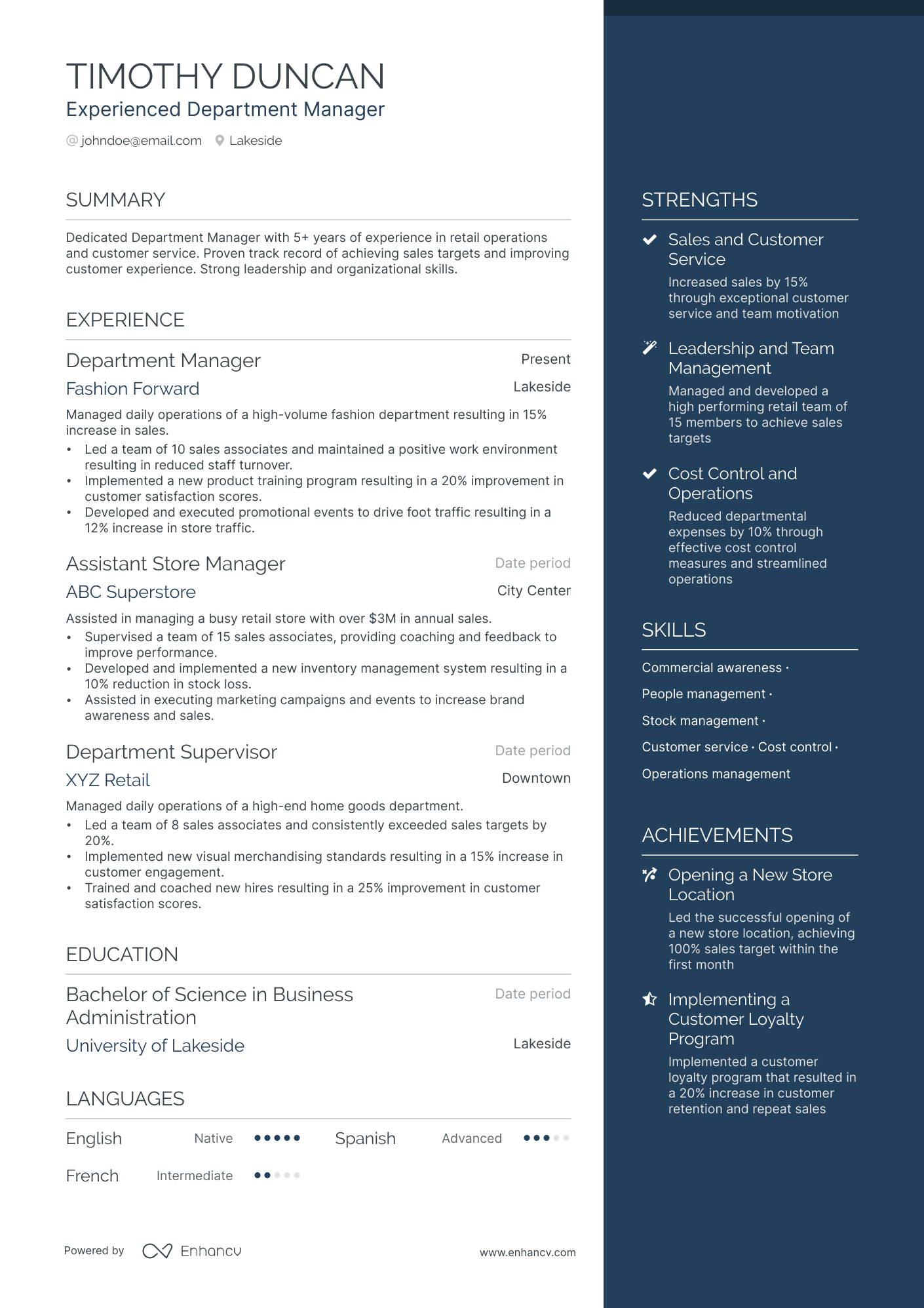 Department Manager Resume Example