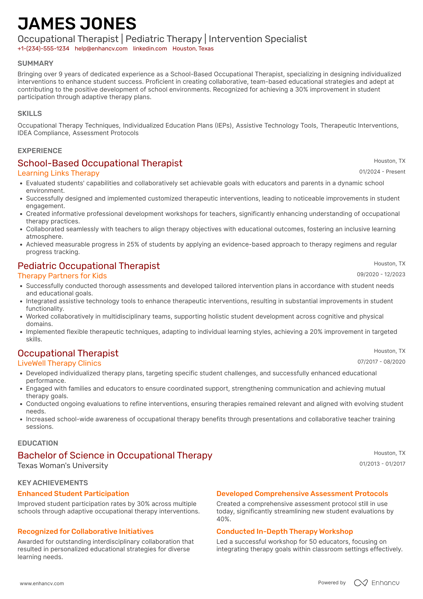 School Based Occupational Therapist Resume Example