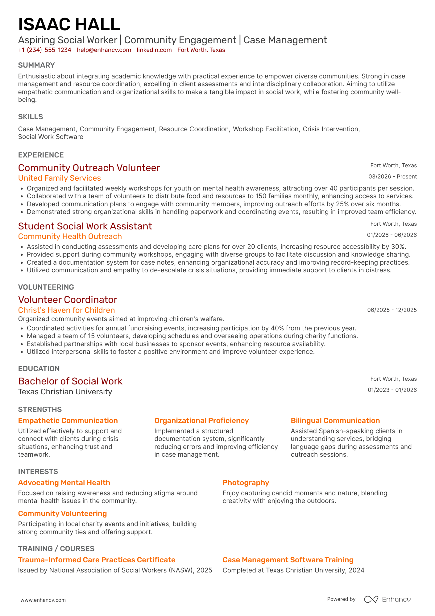 Social Work Intern Resume Example