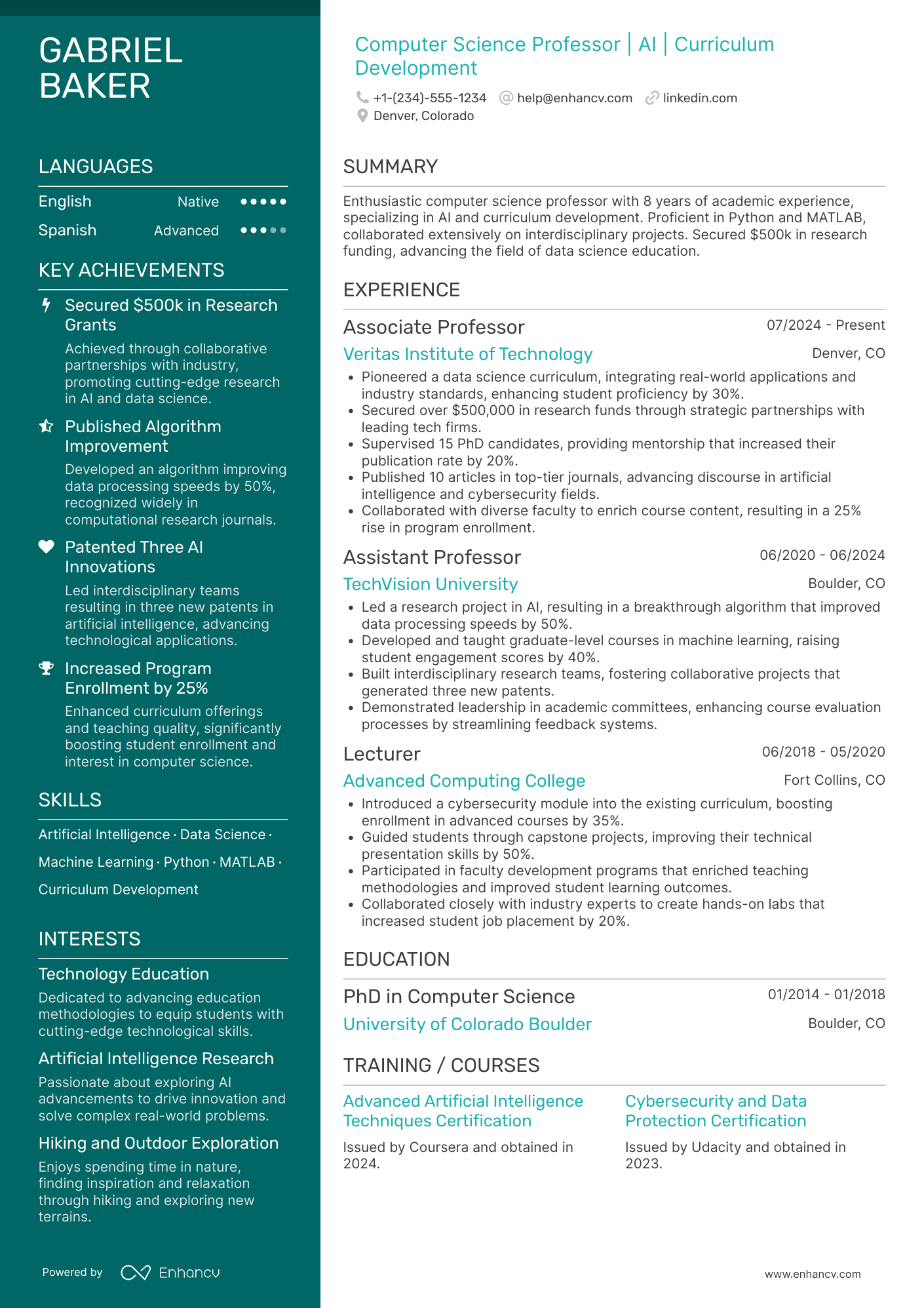 PhD Full Professor Resume Example