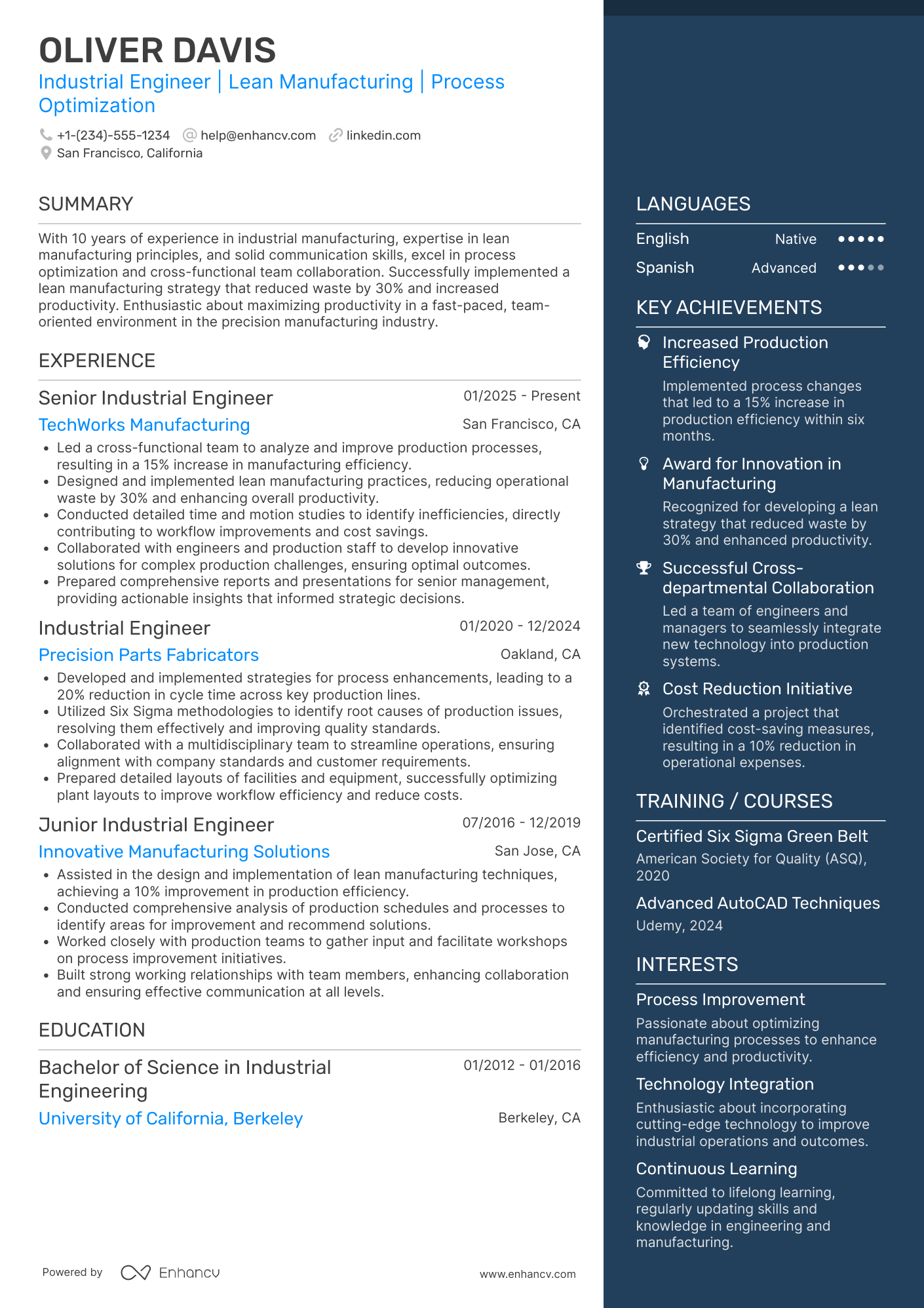 Industrial Engineer II Resume Example