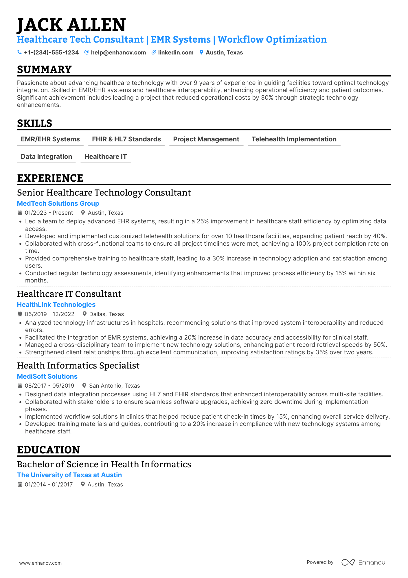 Healthcare Technology Consultant Resume Example