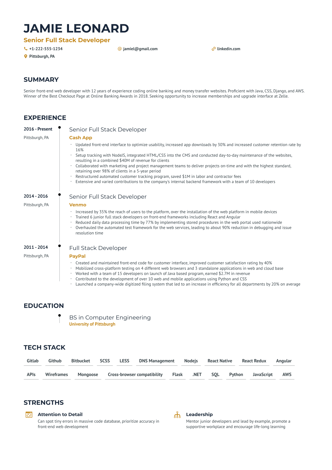 Senior Full Stack Developer Resume Example