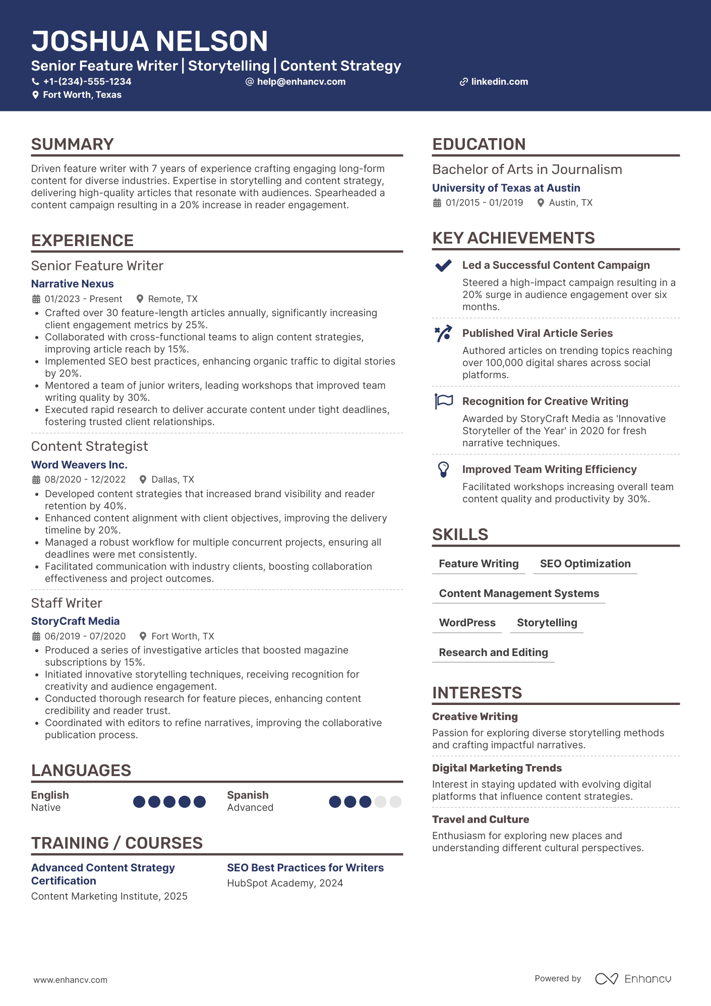 Freelance Feature Writer Resume Example