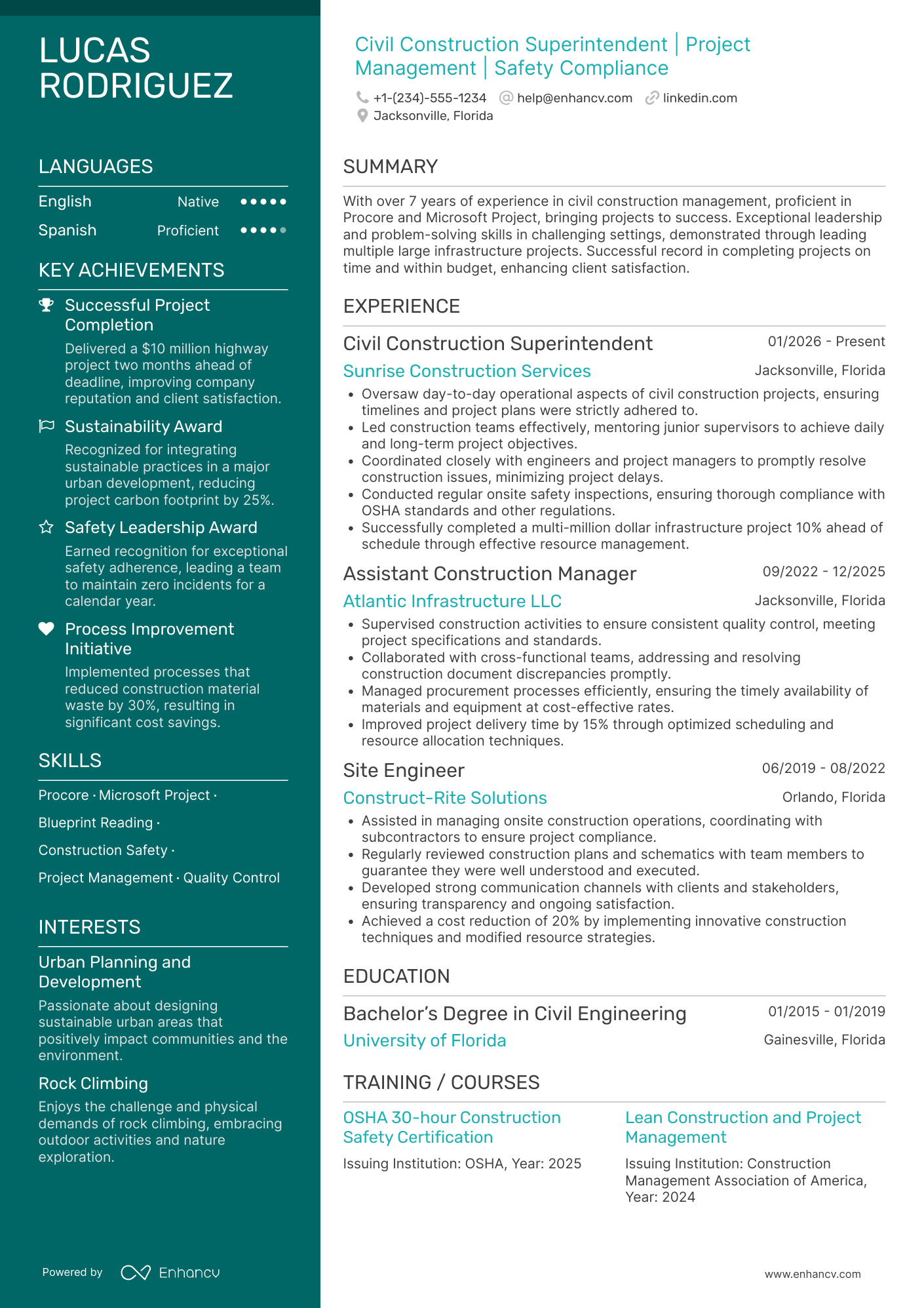 Civil Construction Superintendent Resume Example