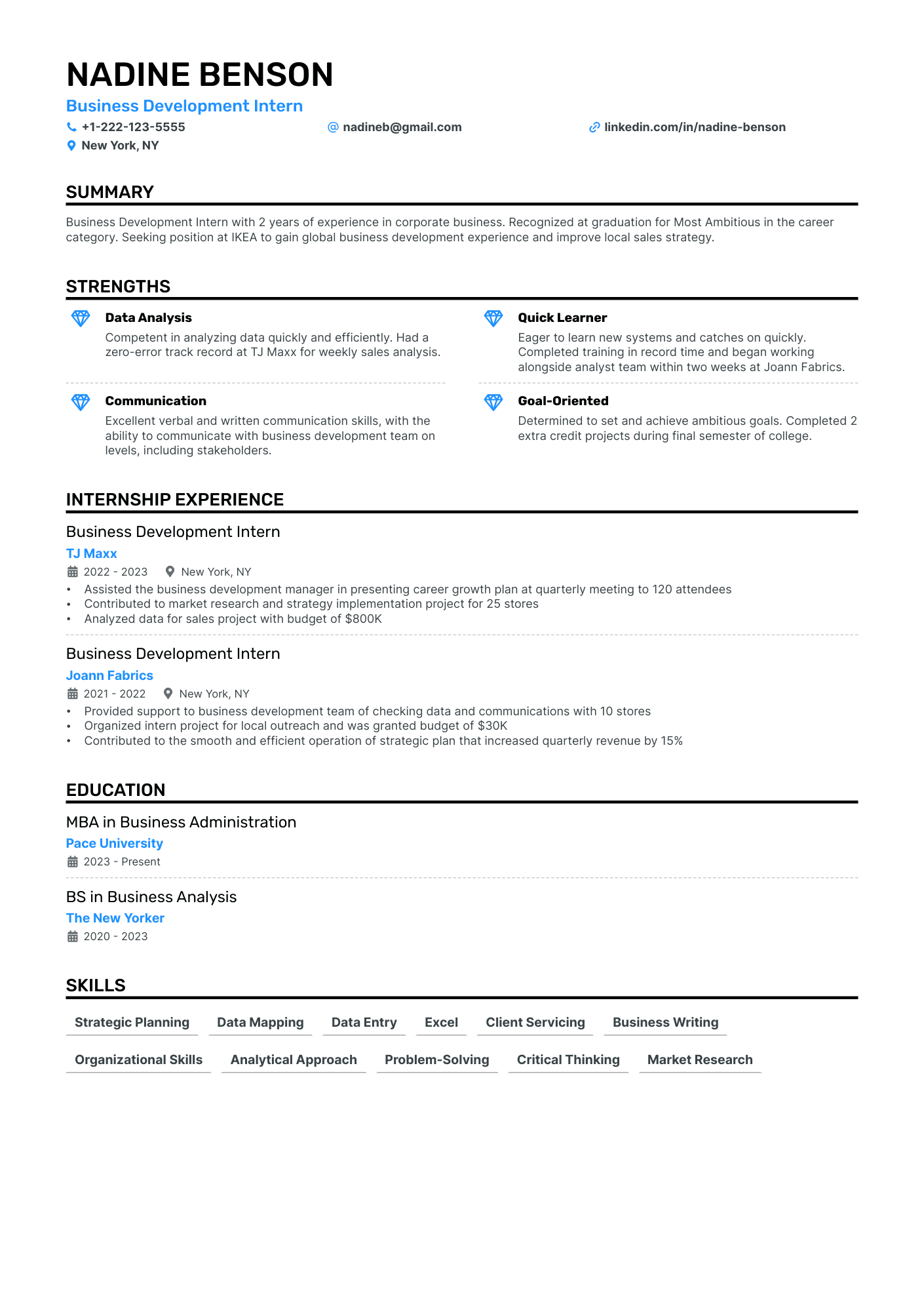 Business Development Intern Resume Example