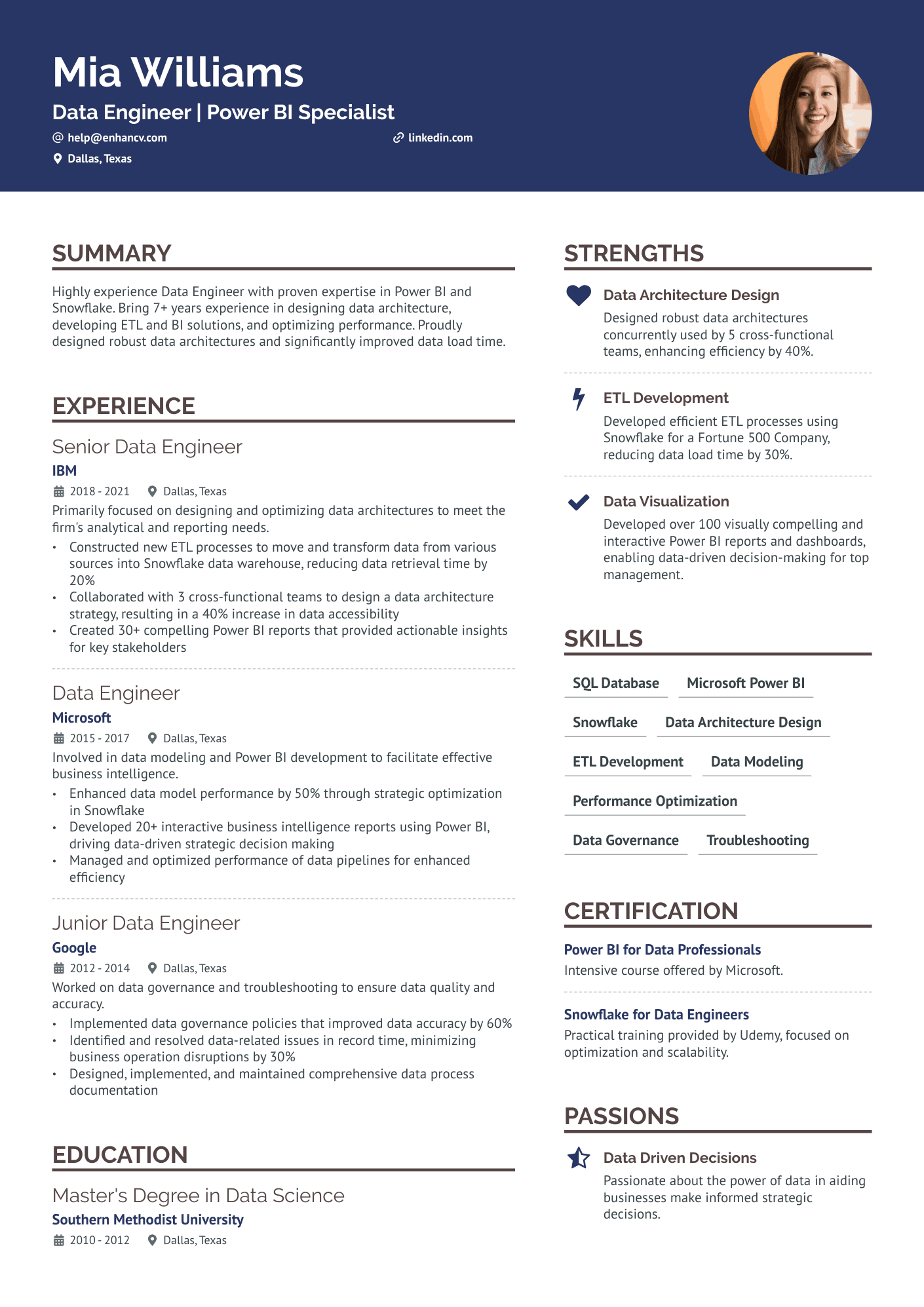 Power & Performance Data Engineer Resume Example