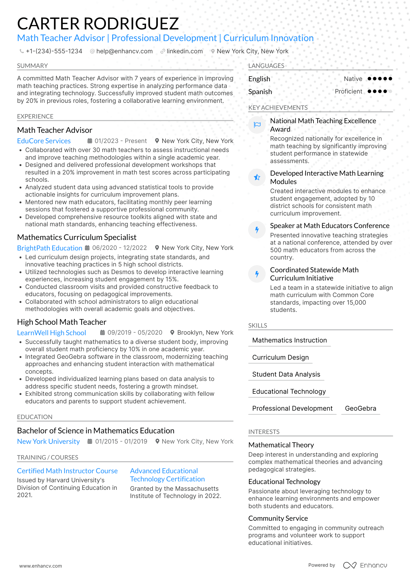 Math Teacher Advisor Resume Example