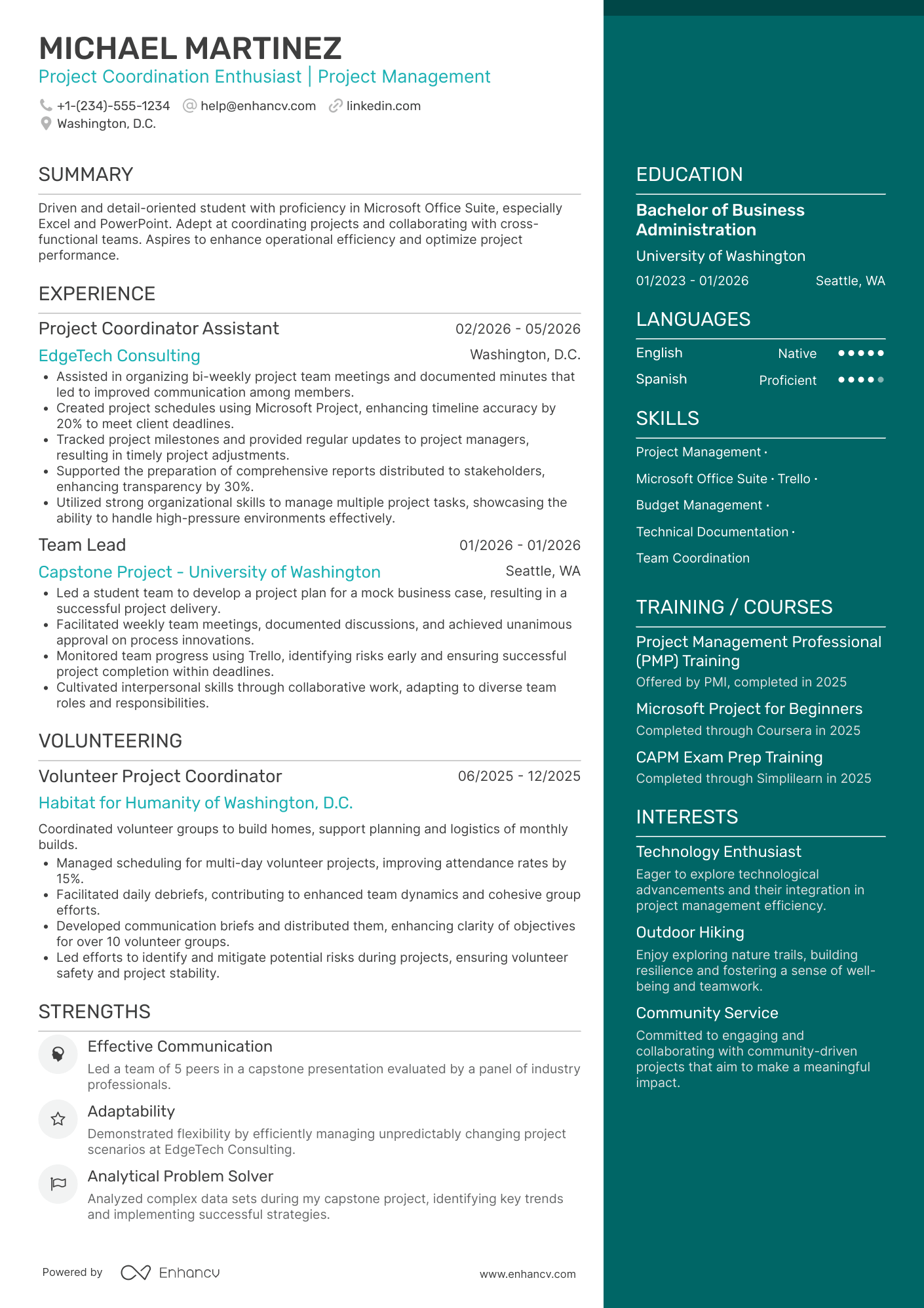Project Coordinator Intern Resume Example