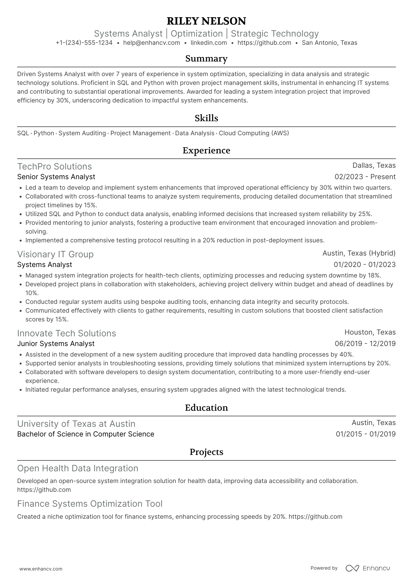 Computer Science Systems Analyst Resume Example