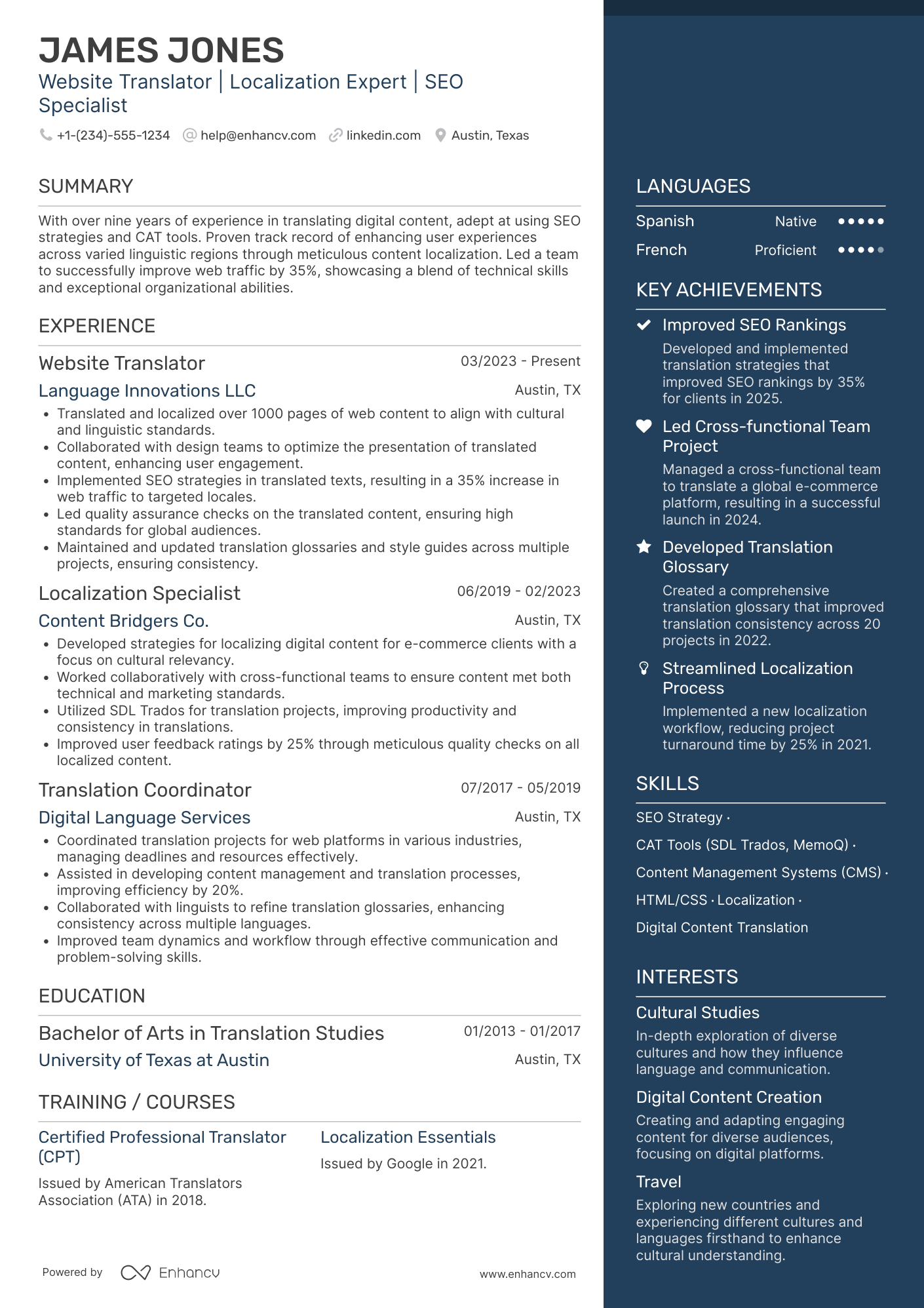 Website Translator Resume Example