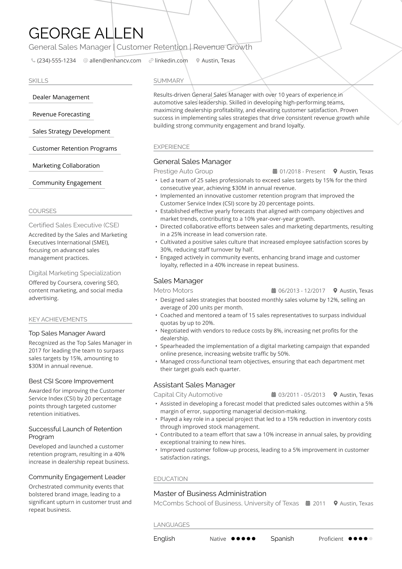 Automotive Sales Manager Resume Example