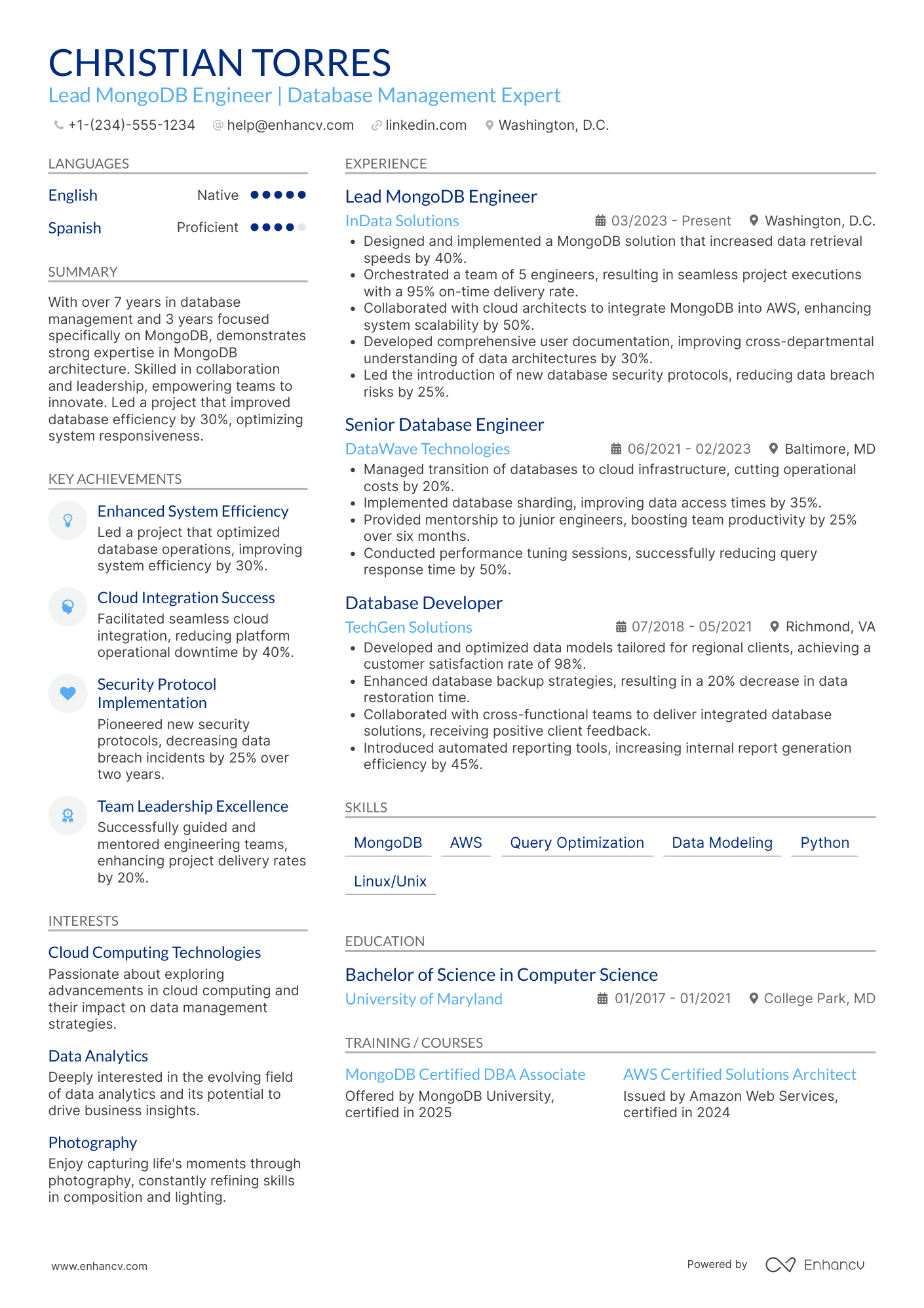 Lead MongoDB Engineer Resume Example