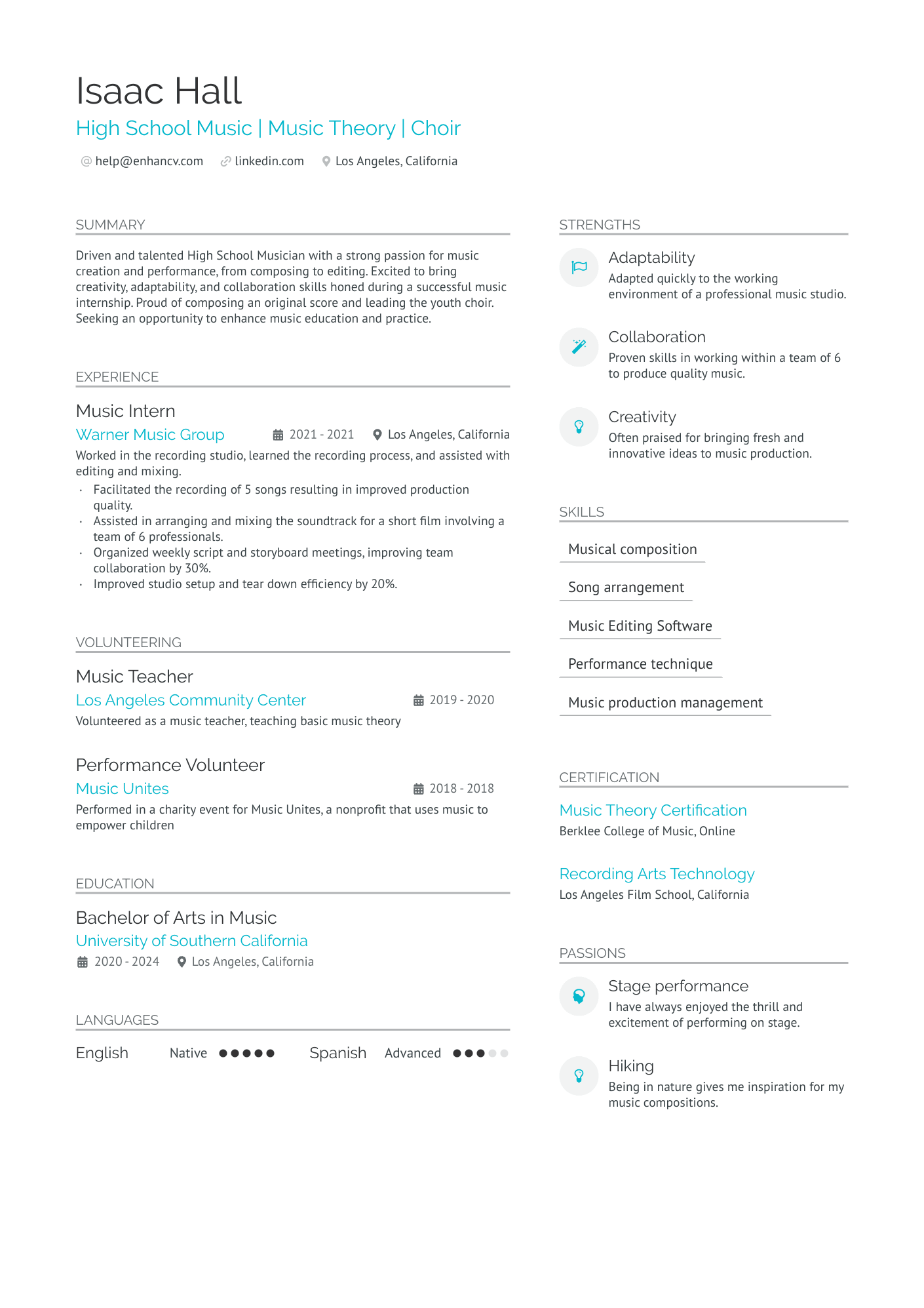 High School Student Music Resume Example