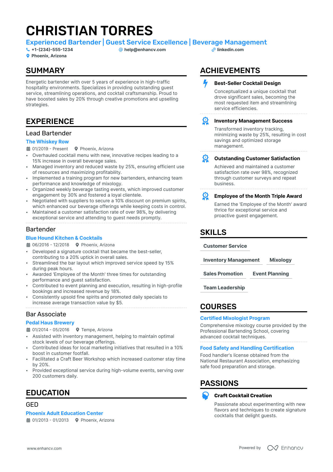Hotel Bartender Resume Example