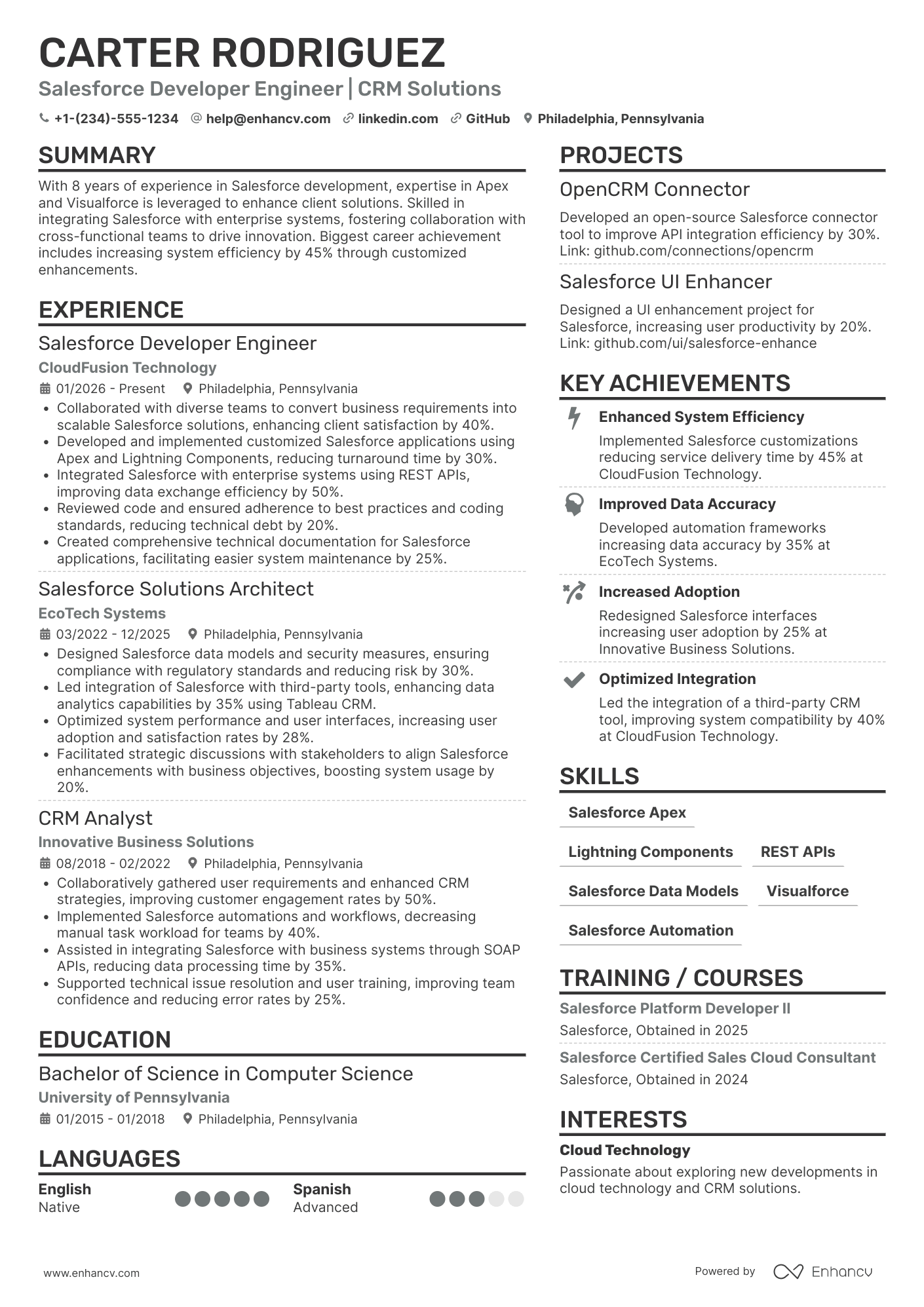 Salesforce Developer Engineer Resume Example