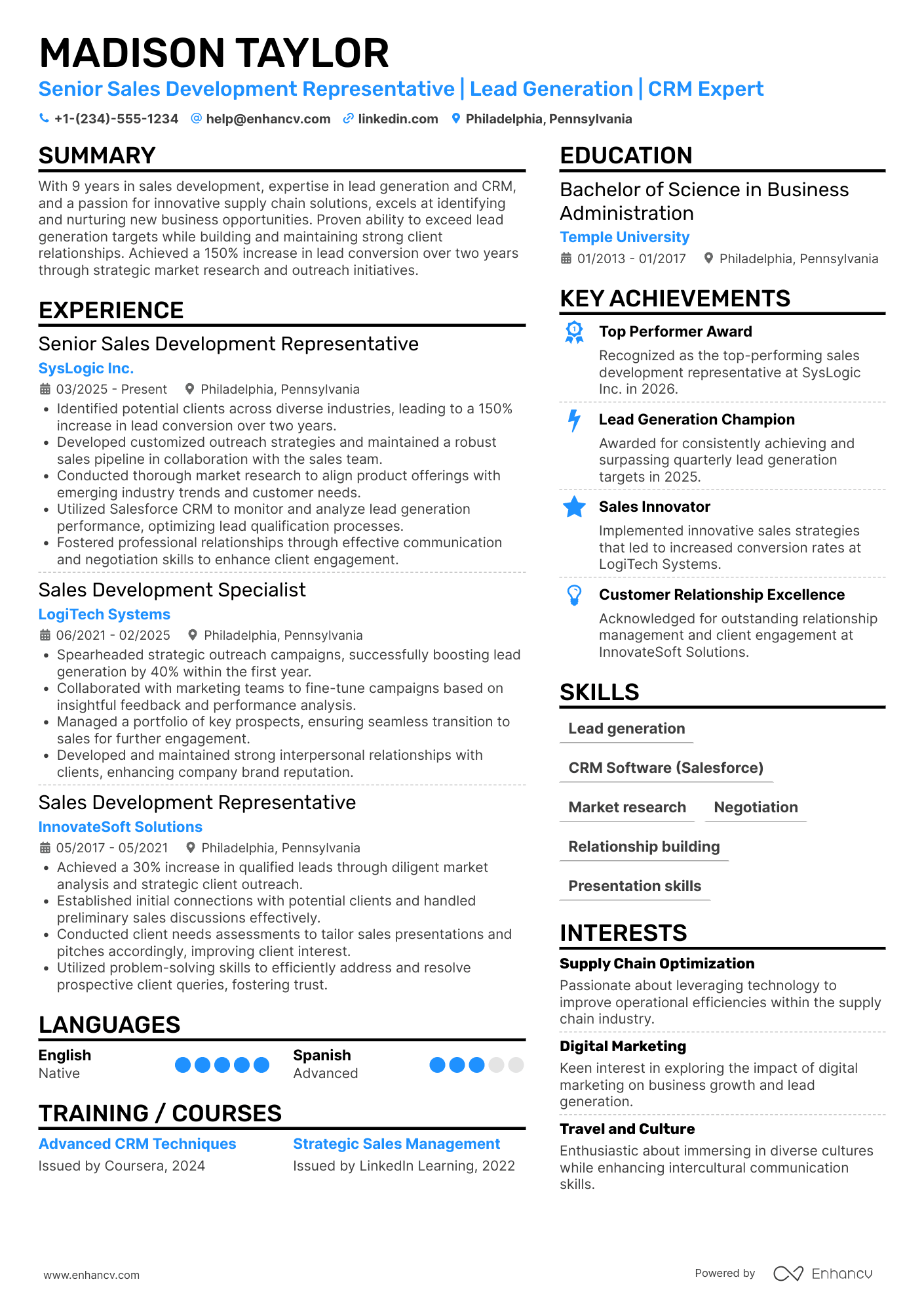 Senior Sales Development Representative Resume Example