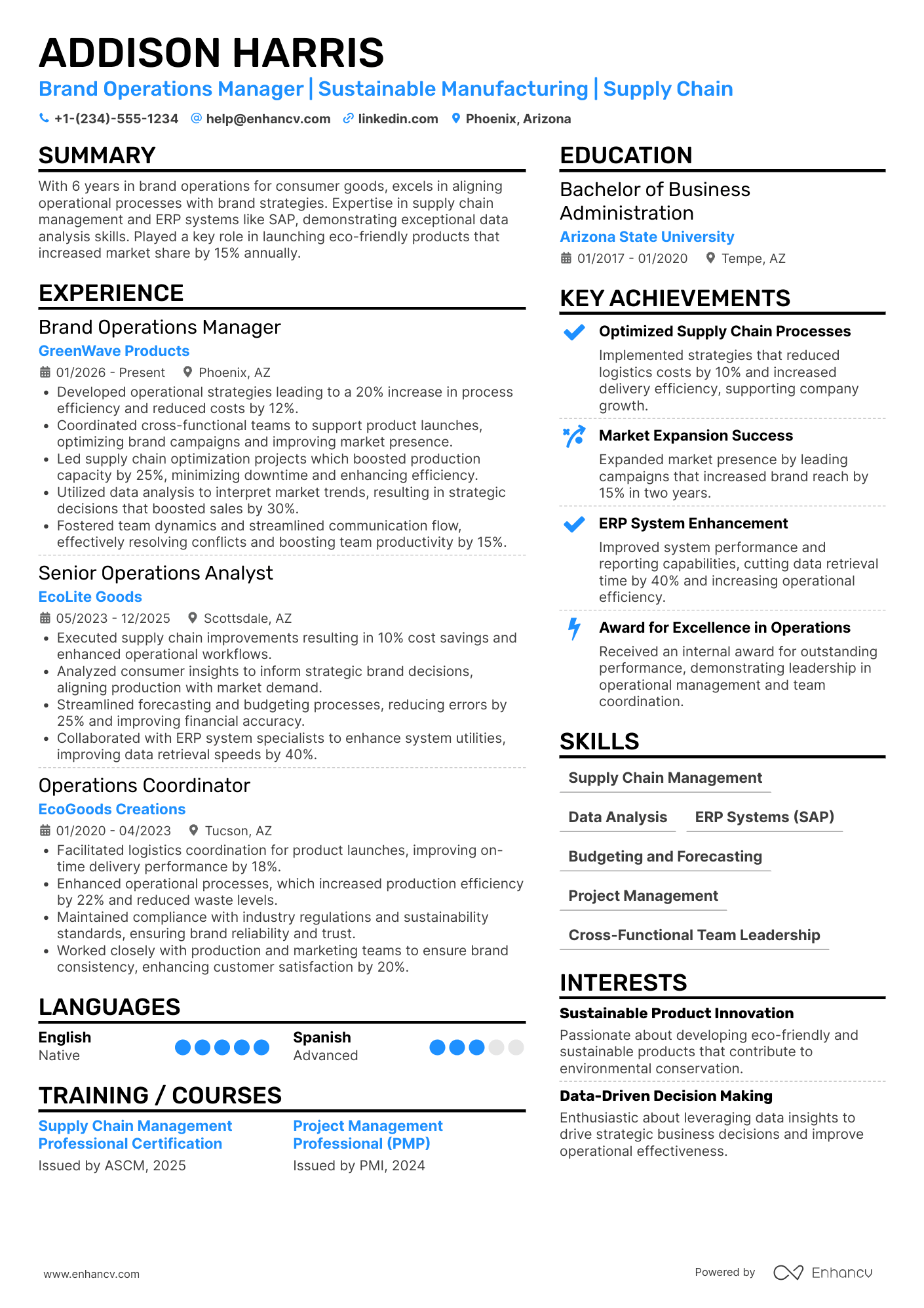 Brand Operations Manager Resume Example