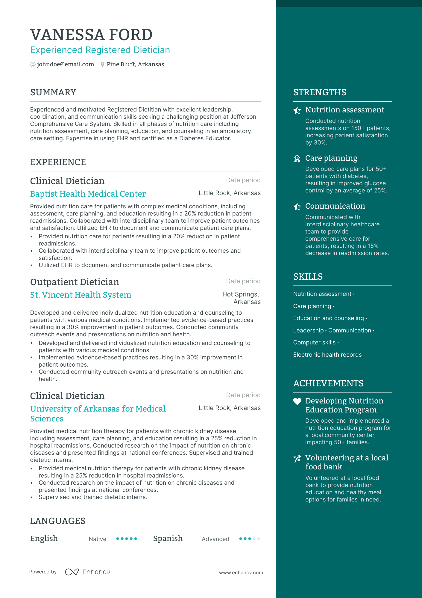 Dietician Resume Example