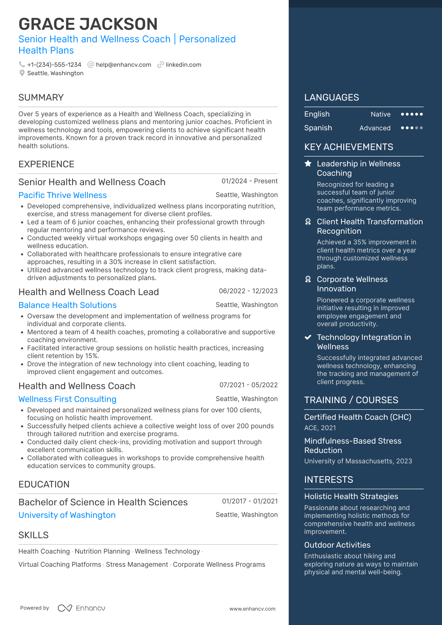 Senior Health and Wellness Coach Resume Example