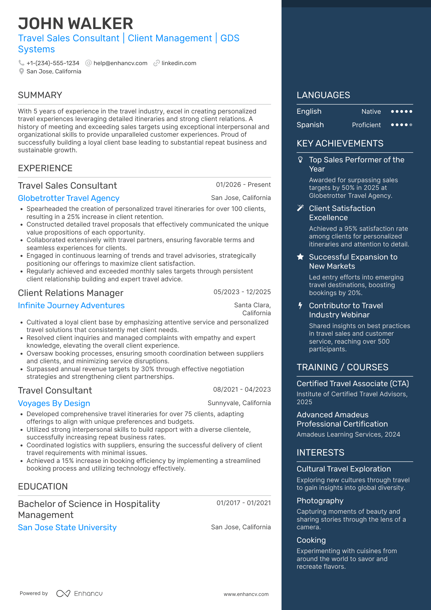 Travel Sales Consultant Resume Example